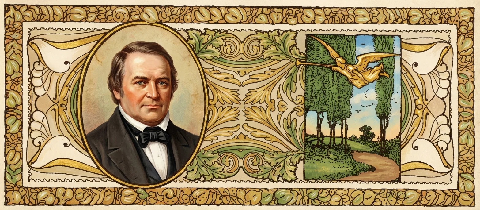 An ornate decorative panel presents a formal portrait of William Miller, shown from the chest up in a dark suit, white shirt, and black bow tie, within a large oval frame on the left. Opposite him is a pastoral landscape framed as a secondary inset: a winding path passes through tall, narrow trees and green vegetation beneath a bright blue sky, while a large golden-brown bird flies across the upper portion. Elaborate Art Nouveau-style borders of curling foliage, leaves, scrollwork, and stylized birds surround both scenes in muted gold, green, cream, and brown.