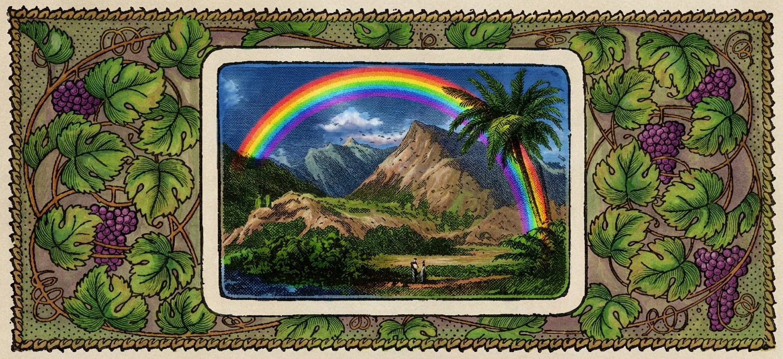 A vivid landscape shows a rainbow arching across a blue, cloud-filled sky above rugged, towering mountains. A second brilliant rainbow appears beside a tall palm tree on the right, descending toward the green valley. Dense forests and shrubs surround a calm dark-blue body of water in the foreground, while two small figures stand together on a path or open bank near the center. The scene is framed by an ornate border of curling vines, large green grape leaves, and clusters of purple grapes.