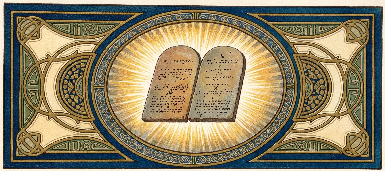 A symmetrical ornamental panel centers on two stone tablets bearing rows of Hebrew lettering, representing the divine law. The tablets stand upright within a large circular medallion and are surrounded by radiant golden-white beams, emphasizing their sacred significance. The medallion is edged with intricate blue and gold spiral ornament, while elaborate Art Nouveau-style green, cream, gold, and blue scrollwork fills the surrounding rectangular border. Geometric knot-like motifs decorate the corners and side panels, creating a richly illuminated, ceremonial composition.