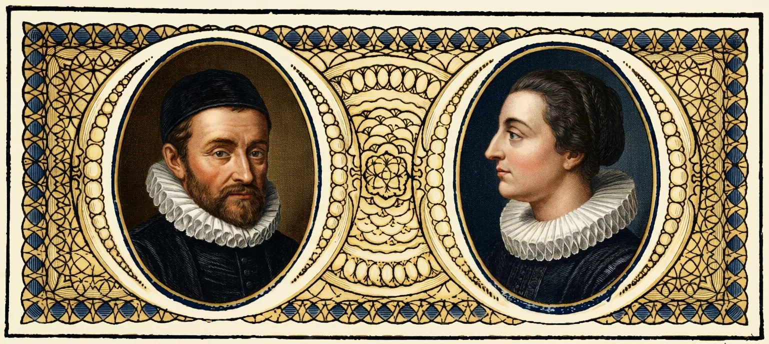 The image presents two formal, oval portrait busts set side by side within an elaborate cream, gold, black, and blue geometric border. On the left, a bearded man in dark clothing wears a broad white pleated ruff and faces slightly toward the viewer. On the right, a woman in profile faces him, dressed in dark garments with a similarly large white ruff, her hair swept back into a bun. Intricate repeating diamond, floral, and scalloped patterns fill the surrounding frame, with no visible lettering or other objects.