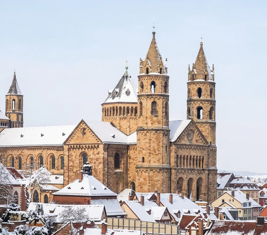 A large Romanesque cathedral dominates a snow-covered town, its warm ochre stone walls contrasting with the white roofs and pale winter sky. The church has multiple massive towers, including two prominent square towers with arched openings, tiered decorative arcades, and steep pointed roofs, as well as additional smaller towers and a central roofed structure. In the foreground, clustered houses with red tile roofs, chimneys, dormers, and snow-laden trees surround the cathedral, while softly rolling, snowy countryside is visible in the distance.