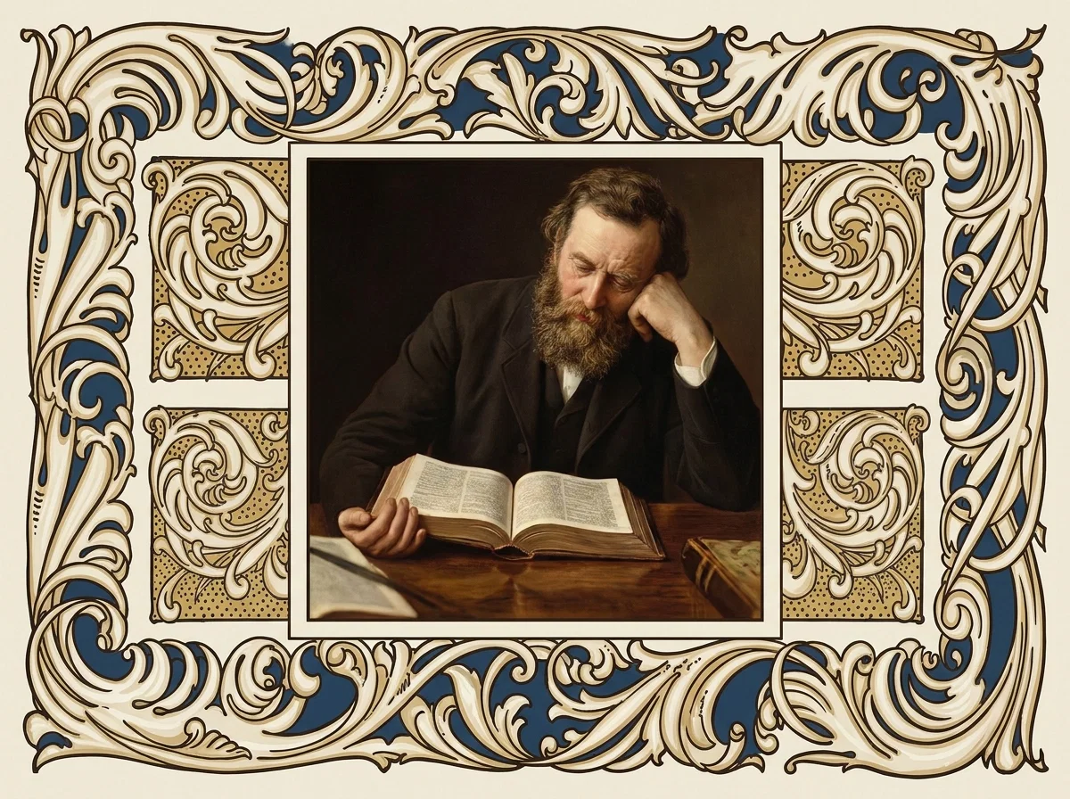 A bearded man in dark clothing sits at a wooden table, leaning his head into one hand while thoughtfully reading an open Bible. The central portrait is surrounded by an elaborate decorative frame of cream, tan, dark blue, and black scrolling foliage, with symmetrical acanthus-like curls and ornamental panels along the sides. Additional books or papers lie on the table in the foreground and at the right. The open pages contain dense printed text, but no legible lettering or other distinct words are visible.