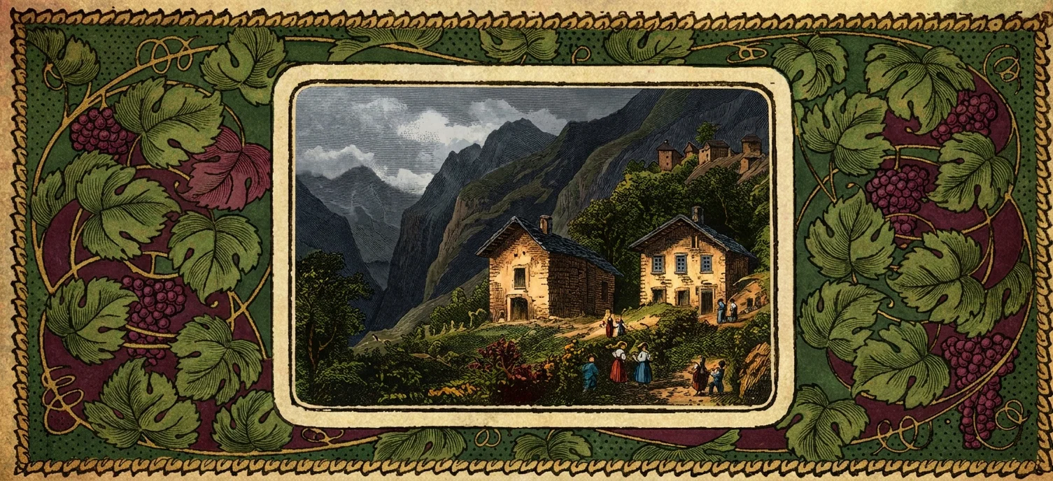 A mountain village is nestled in a dramatic, shadowed alpine valley, with steep craggy peaks rising behind it beneath a cloudy sky. Two rustic stone-and-timber houses stand on a sunlit hillside, joined by a winding path where several villagers, including women in long dresses and men in dark clothing, gather or walk. Dense trees, shrubs, and flowering plants fill the foreground. The central scene is surrounded by an ornate decorative border of curling grapevines, broad green leaves, and clusters of purple grapes on a dark green ground; no text is visible.