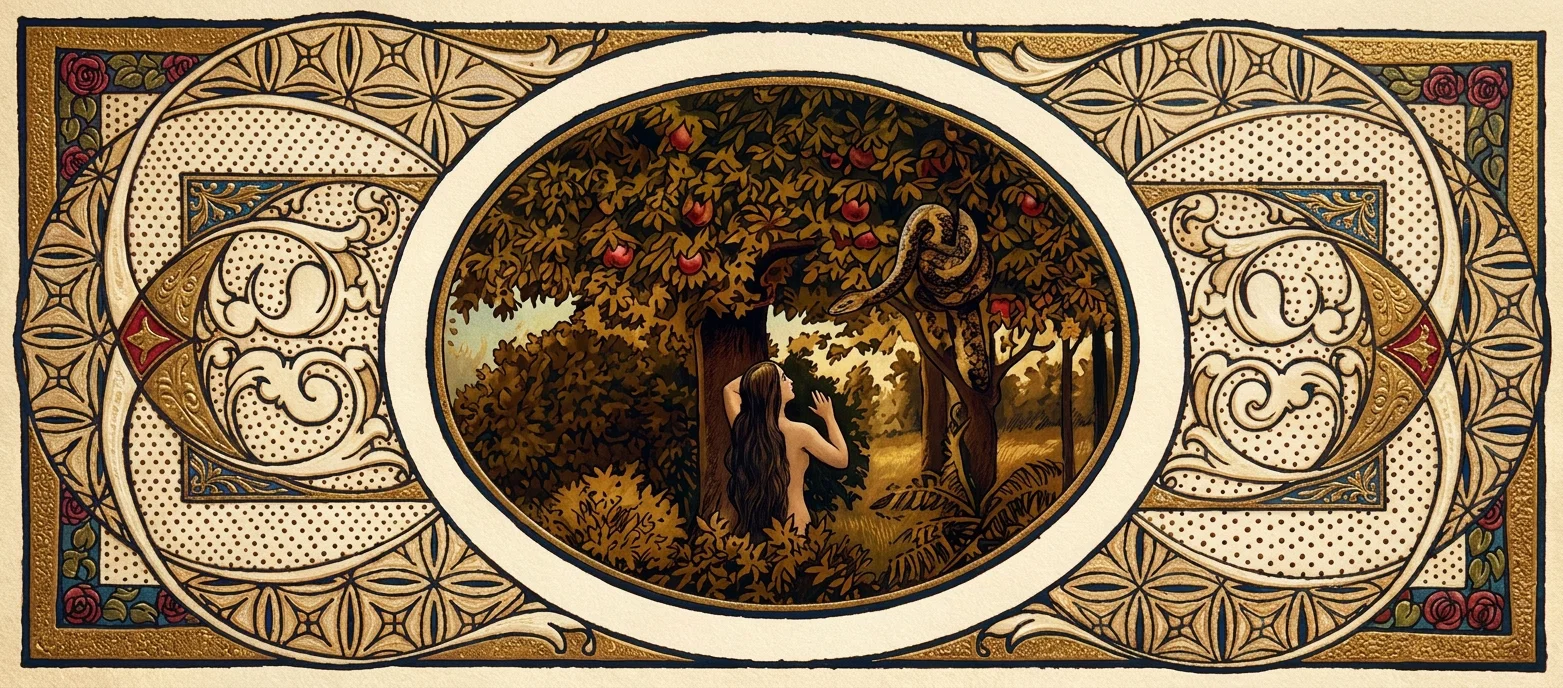 An ornate symmetrical Art Nouveau-style scene depicts Eve in the Garden of Eden, standing among dense foliage and reaching toward a serpent coiled in the branches of a fruit-laden tree. Eve, shown from behind with long dark hair and a bare upper body, faces the serpent as sunlight filters through the wooded garden. The central oval scene is surrounded by elaborate cream, gold, blue, and brown floral scrollwork, geometric leaf patterns, dotted panels, and red roses, with no visible lettering or text within the artwork.