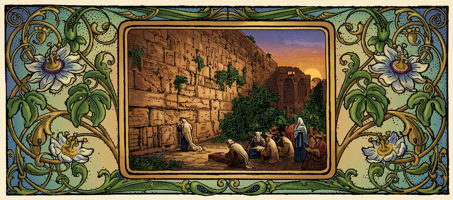 A framed biblical scene shows a group of robed figures gathered beside a massive, weathered stone wall at sunset. Several people sit or kneel in the foreground, apparently listening or praying, while one cloaked figure stands near the wall with head bowed. Dense green shrubs partially obscure an ancient masonry building and tower behind them. The central scene is surrounded by an elaborate ornamental border of curling vines, large green leaves, and pale blue-white passion flowers, rendered in symmetrical Art Nouveau-like decoration. No text or lettering appears within the depicted artwork.