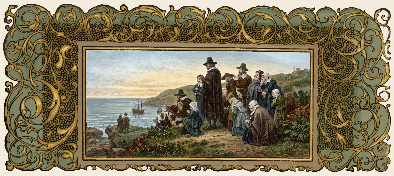 A group of English Puritan settlers gathers on a rocky shoreline beside a calm sea, with a small sailing ship anchored offshore and another figure standing near the water. Men in broad-brimmed hats and dark cloaks stand among women and children wearing bonnets, shawls, and long dresses; several kneel or sit facing the vessel and distant coast. Low green hills and flowering grasses frame the scene beneath a pale sunset sky. The central image is surrounded by an elaborate gold, green, and black border of curling foliage, scrollwork, and stippled ornament.