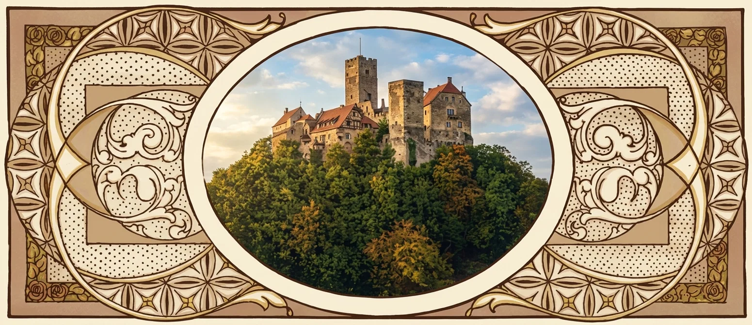 A grand medieval stone castle rises above a dense, wooded hill under a blue sky with scattered clouds. The fortress includes several connected buildings with steep red-tiled roofs, tall square towers, battlements, small windows, and weathered masonry, suggesting a historic German stronghold. The central landscape scene is enclosed within a large oval frame, surrounded by an ornate symmetrical Art Nouveau-style border of cream, brown, and gold tones, featuring stylized leaves, floral rosettes, curling foliage, geometric patterns, and dotted decorative panels. No people, animals, or lettering are visible.
