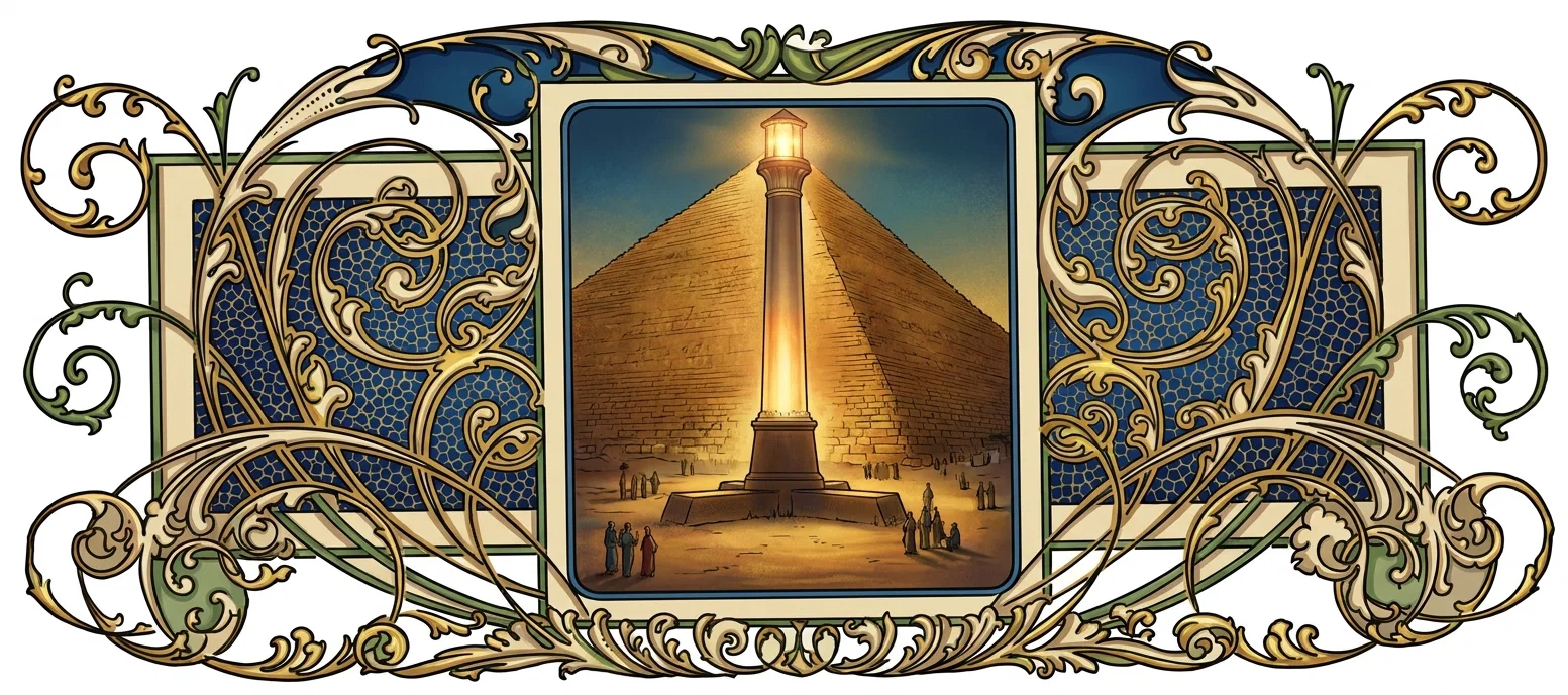 At the center, a tall glowing beacon or obelisk rises before a massive golden-brown pyramid, casting warm light into the dark blue evening sky. Small groups of robed figures stand and walk across the sandy foreground, emphasizing the monument’s scale. The scene is enclosed in an elaborate symmetrical Art Nouveau frame of curling vines, leaves, tendrils, and shell-like scrolls, rendered in cream, gold, green, and deep blue. No lettering or other text appears within the depicted scene.
