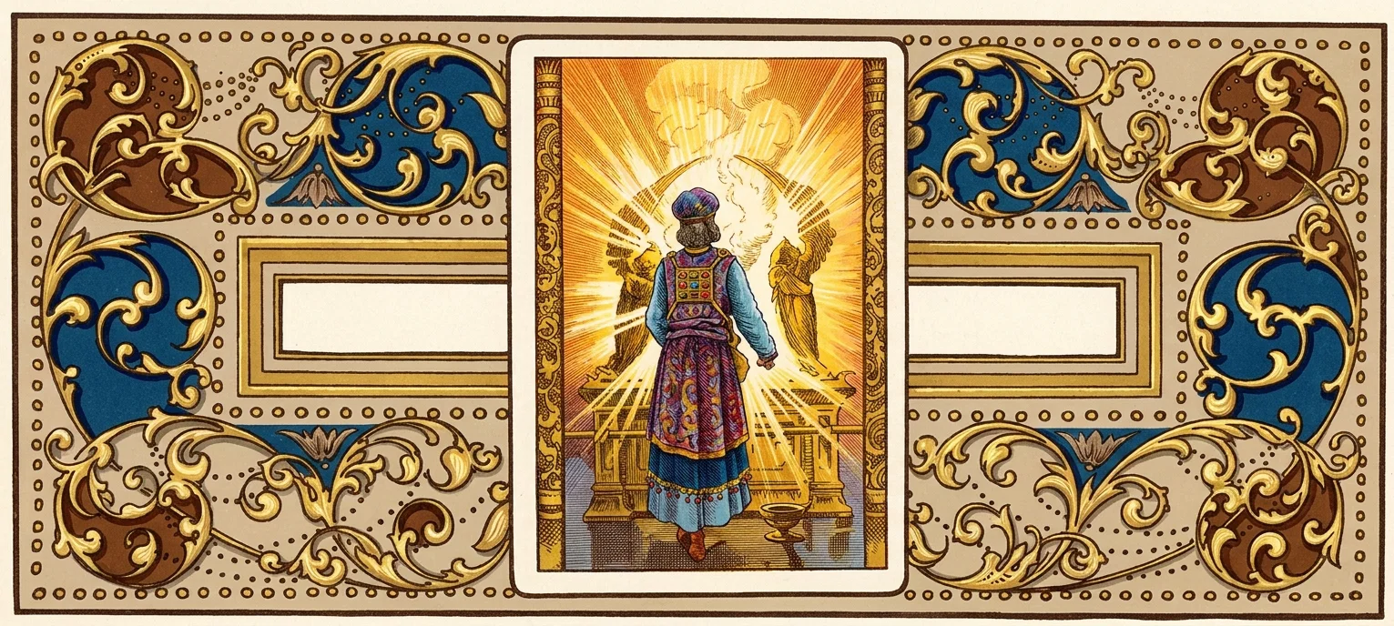 An ornate, symmetrical decorative panel surrounds a central framed religious scene. In the central image, a richly robed figure viewed from behind stands inside a radiant sanctuary, facing a brilliant opening or heavenly apparition. A winged angelic figure appears at the right amid clouds and intense golden rays, while architectural elements, columns, steps, and vessels suggest the Holy of Holies. The surrounding design features elaborate blue, brown, cream, and gold scrolling foliage, dotted borders, and empty rectangular cartouches on both sides; no lettering is visible.