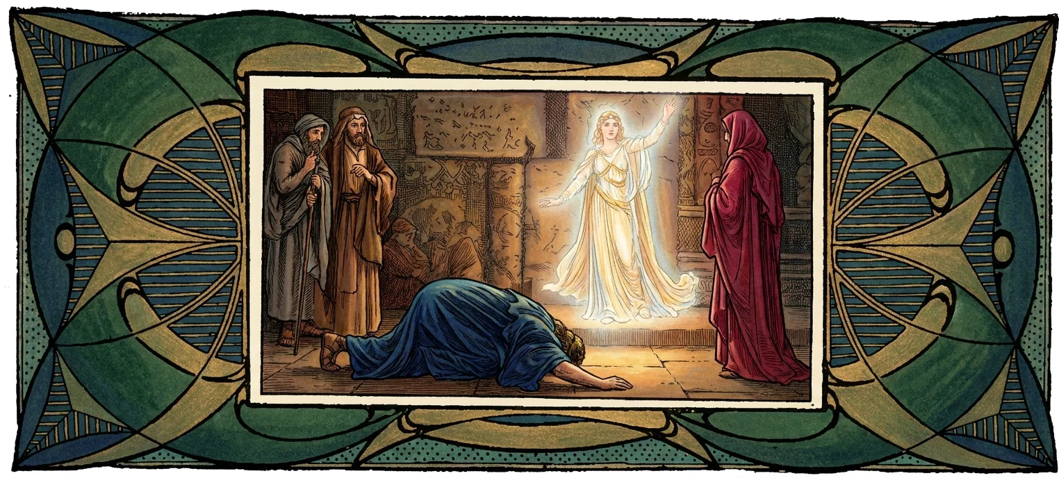 A dramatic ancient interior scene shows a luminous, angelic woman in flowing white robes extending one hand upward and the other outward, radiating light before a stone wall covered with hieroglyphic-like markings. In the foreground, a figure in blue lies prostrate on the tiled floor, reaching toward her. Two bearded, robed men stand at the left watching, while a woman in a deep crimson hooded robe faces the apparition from the right. The central scene is surrounded by an ornate symmetrical Art Nouveau border of interlacing green, blue, and gold geometric forms.