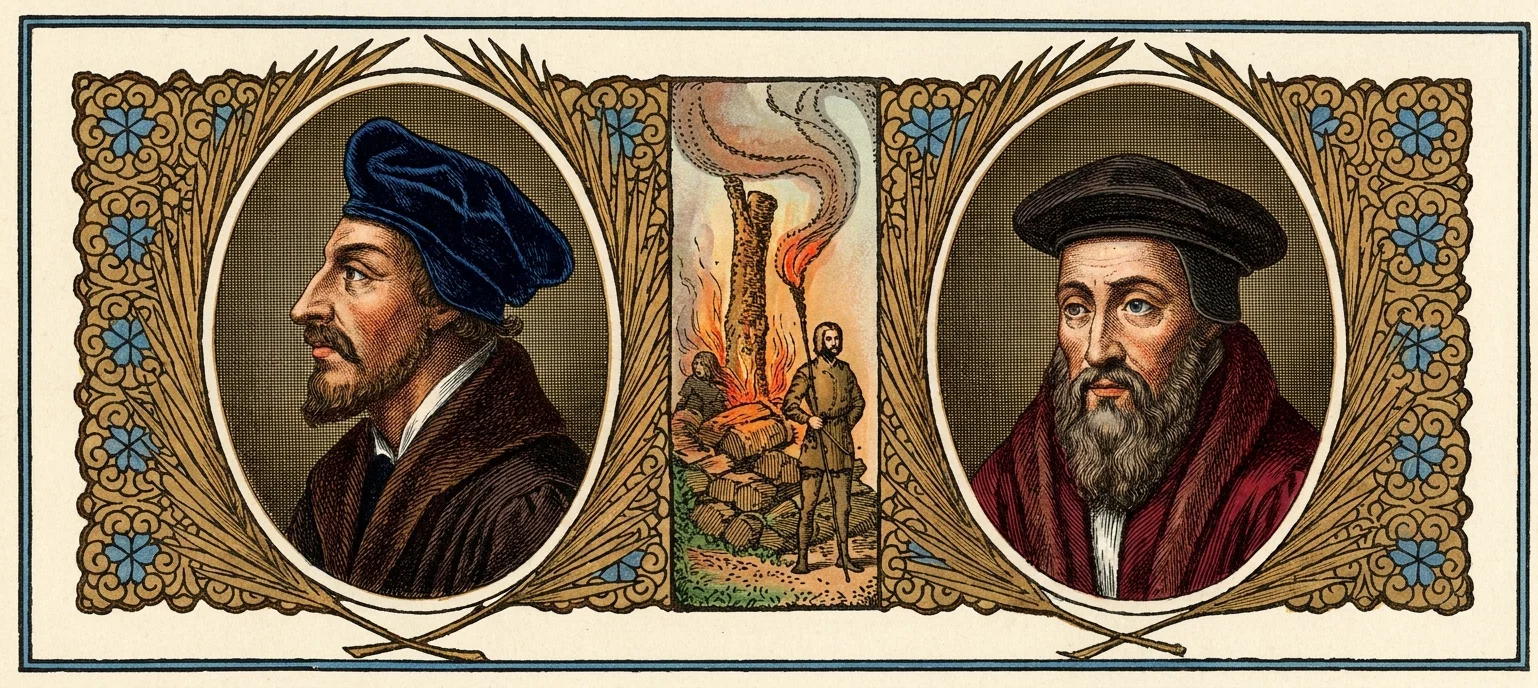 An ornate triptych portrays two prominent Reformation-era men in oval portraits: at left, a bearded profile wearing a dark blue cap and brown robe, and at right, a bearded man facing forward in a black cap and deep red robe. Between them, a narrow central scene shows persecuted Christians gathered around a blazing woodpile, with one figure apparently bound or lying amid the flames and another standing nearby holding a staff or weapon. Smoke rises dramatically above the fire. Stylized golden foliage, blue floral motifs, and crossed branches frame the portraits and central martyrdom scene.