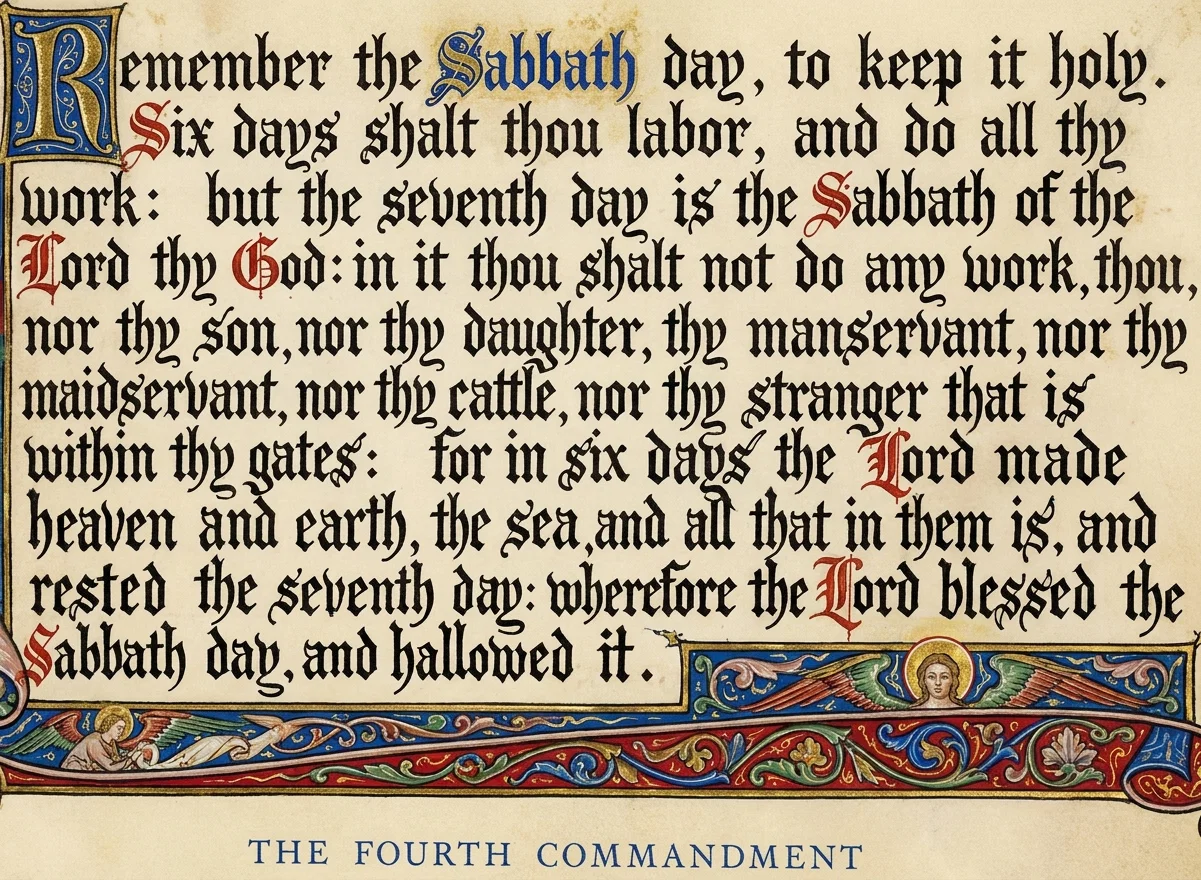 Remember the Sabbath day, to keep it holy. Six days shalt thou labor, and do all thy work: but the seventh day is the Sabbath of the Lord thy God: in it thou shalt not do any work, thou, nor thy son, nor thy daughter, thy manservant, nor thy maidservant, nor thy cattle, nor thy stranger that is within thy gates: for in six days the Lord made heaven and earth, the sea, and all that in them is, and rested the seventh day: wherefore the Lord blessed the Sabbath day, and hallowed it.

**THE FOURTH COMMANDMENT**