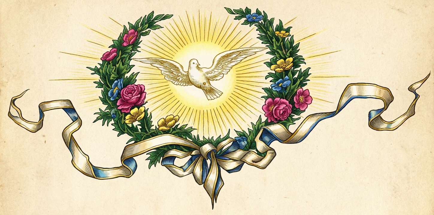 A white dove with outstretched wings flies at the center of a radiant golden sunburst. It is encircled by an arched wreath of dense green foliage and colorful flowers, including pink roses and blossoms, blue flowers, and yellow blooms. A broad cream-colored ribbon with blue shading winds around the lower wreath and extends outward in curling, undulating tails on both sides, tied into a large bow beneath the center. The composition is decorative and symmetrical against a warm, parchment-colored background, with no visible lettering.