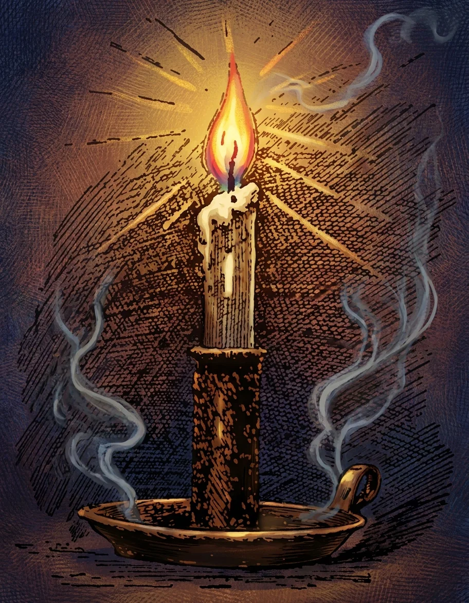 A single tall candle burns at the center of a dark, textured scene. Its bright yellow-orange flame rises dramatically, surrounded by radiating golden beams and small dark streaks, while thick white wax drips down the cream-colored candle. The candle stands in a shallow, brown dish or holder with a dark, mottled central stem, and wisps of pale gray smoke curl upward and around it on both sides. The background is deep brown, purple, and blue-black, rendered with dense crosshatched marks that emphasize the candle’s warm glow. No people, animals, or lettering are visible.