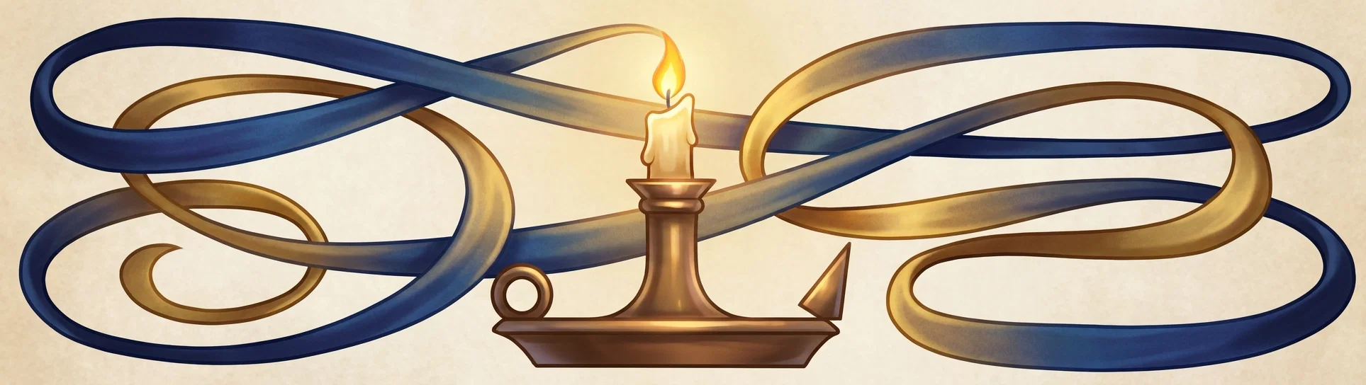 A stylized symbolic composition shows a small burning candle centered on a broad bronze-gold pedestal, its bright flame rising against a pale parchment-colored background. Long, looping bands in deep navy blue and golden brown weave, cross, and curl across the entire scene behind and around the candle, forming large horizontal oval shapes and intertwined arcs. Additional details on the pedestal include a small circular ring on the left and a pointed triangular ornament on the right. No people, animals, lettering, or other text are visible.