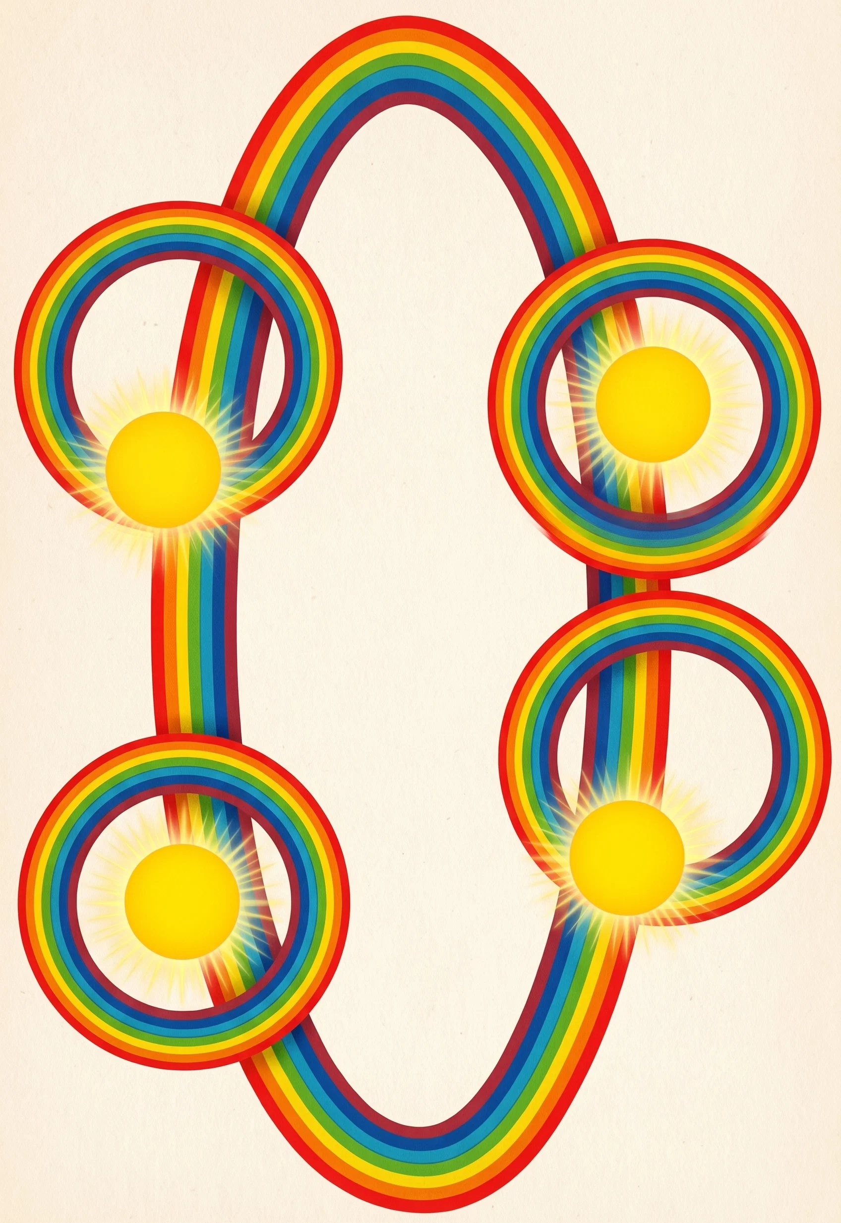 A brightly colored abstract diagram shows four circular units arranged around a large central oval loop. Each unit is formed by several concentric rings in red, yellow, green, gray, and brown, with a solid yellow disk near its center surrounded by fine radiating lines. Striped, multicolored bands connect the circles into a continuous looping structure, passing behind and between the upper-left, upper-right, lower-left, and lower-right circular forms. The design fills the image against a plain beige background, with no visible lettering or figures.