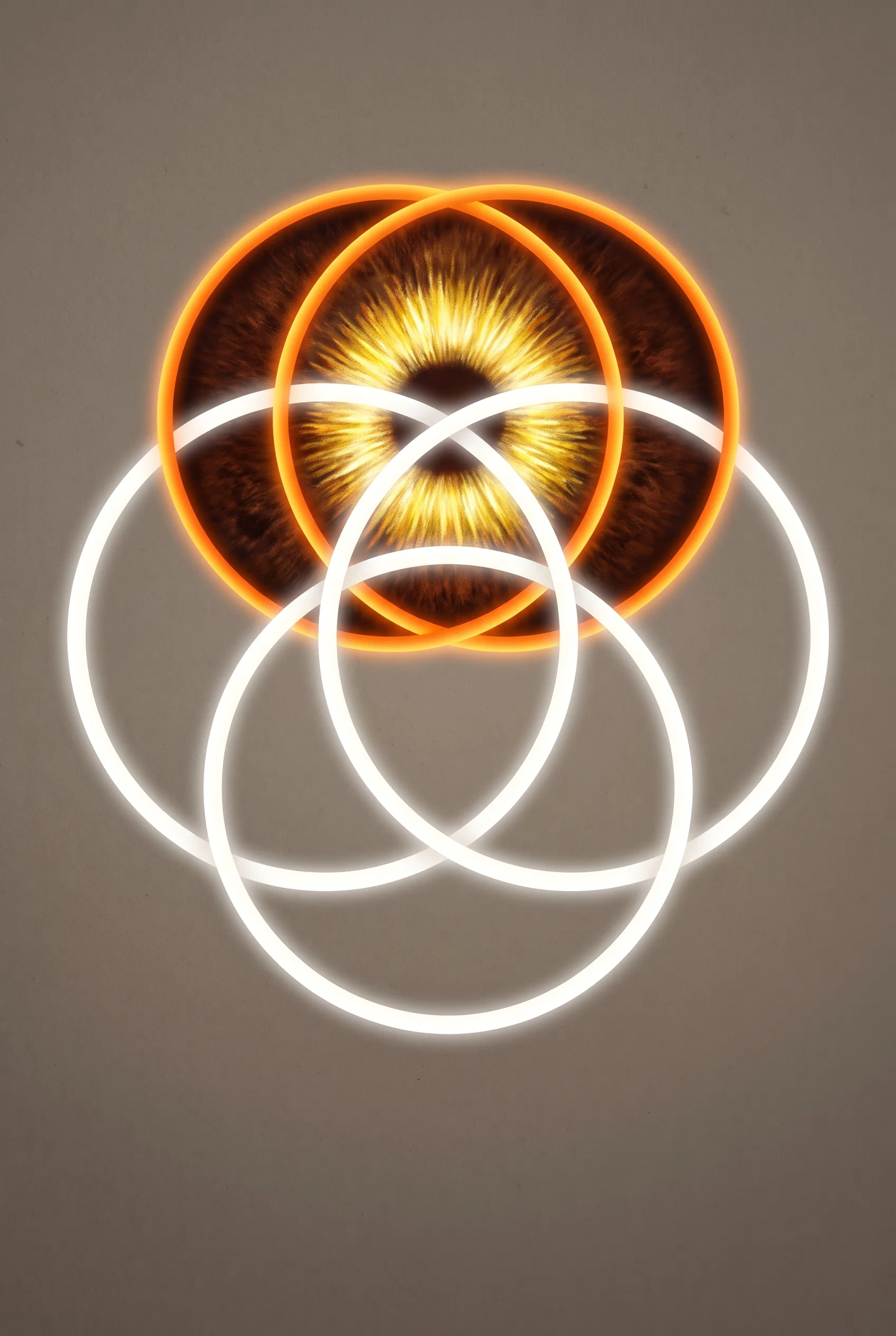 An abstract, symmetrical diagram occupies the upper center of the image. It features a bright yellow circular or spherical form at the middle, surrounded by dark reddish-brown lobes filled with fine crosshatched lines and edged in orange. Several thick yellow and pale cream curved bands loop around and overlap the central form, extending downward into large intersecting oval outlines. The shapes suggest layered or orbital structures, with radiating short dark marks around the yellow center and a small dark semicircular region beneath it. No lettering or labels are visible.