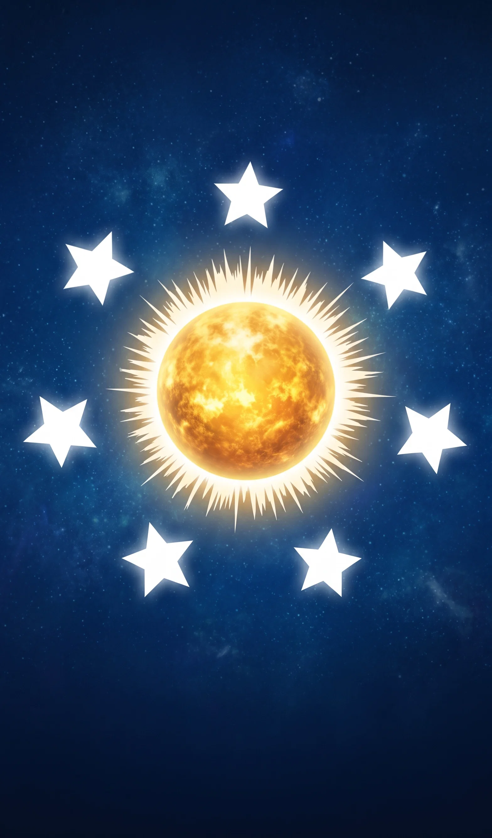 A stylized celestial emblem fills the upper portion of a rectangular framed panel. At its center is a large golden-yellow sun, rendered as a solid circular disk surrounded by numerous fine, radiating white or pale rays. Seven large five-pointed white stars are arranged around it in an irregular ring: one above, two across the upper sides, two at mid-level, and two below. The background is muted gray and densely covered with fine horizontal lines, while a narrow dark border encloses the entire composition. No lettering or other figures are visible.