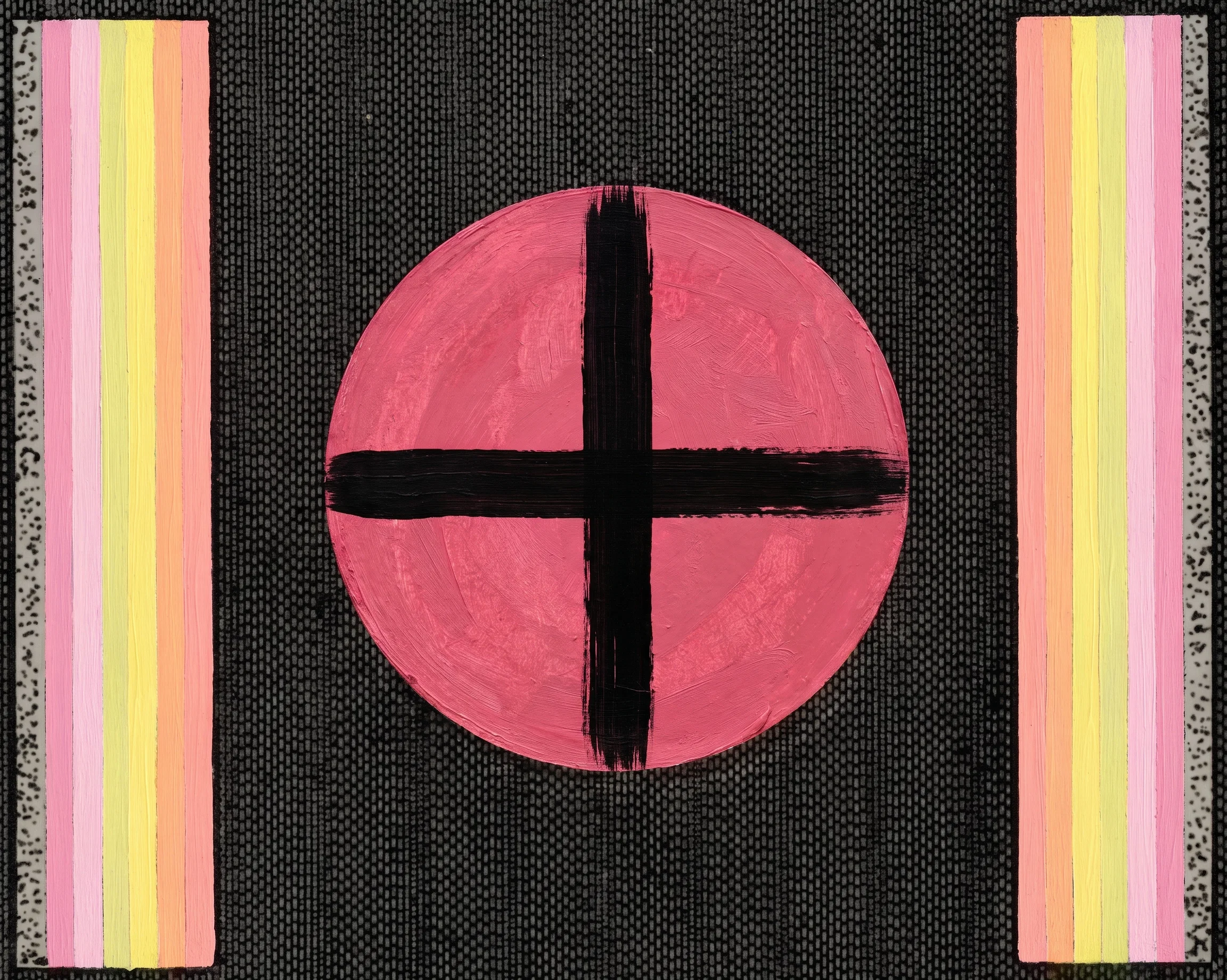 A symmetrical abstract diagram is shown against a dark, finely patterned background. At the center is a large peach-colored circular disk divided into four roughly equal sections by a thick black vertical bar and a thick black horizontal bar, forming a bold cross. On either side of the disk stand matching tall rectangular panels with narrow vertical bands in pale pink, yellow, greenish yellow, and orange, bordered by light margins. The composition is flat, geometric, and strongly balanced, with no people, animals, or legible text visible.