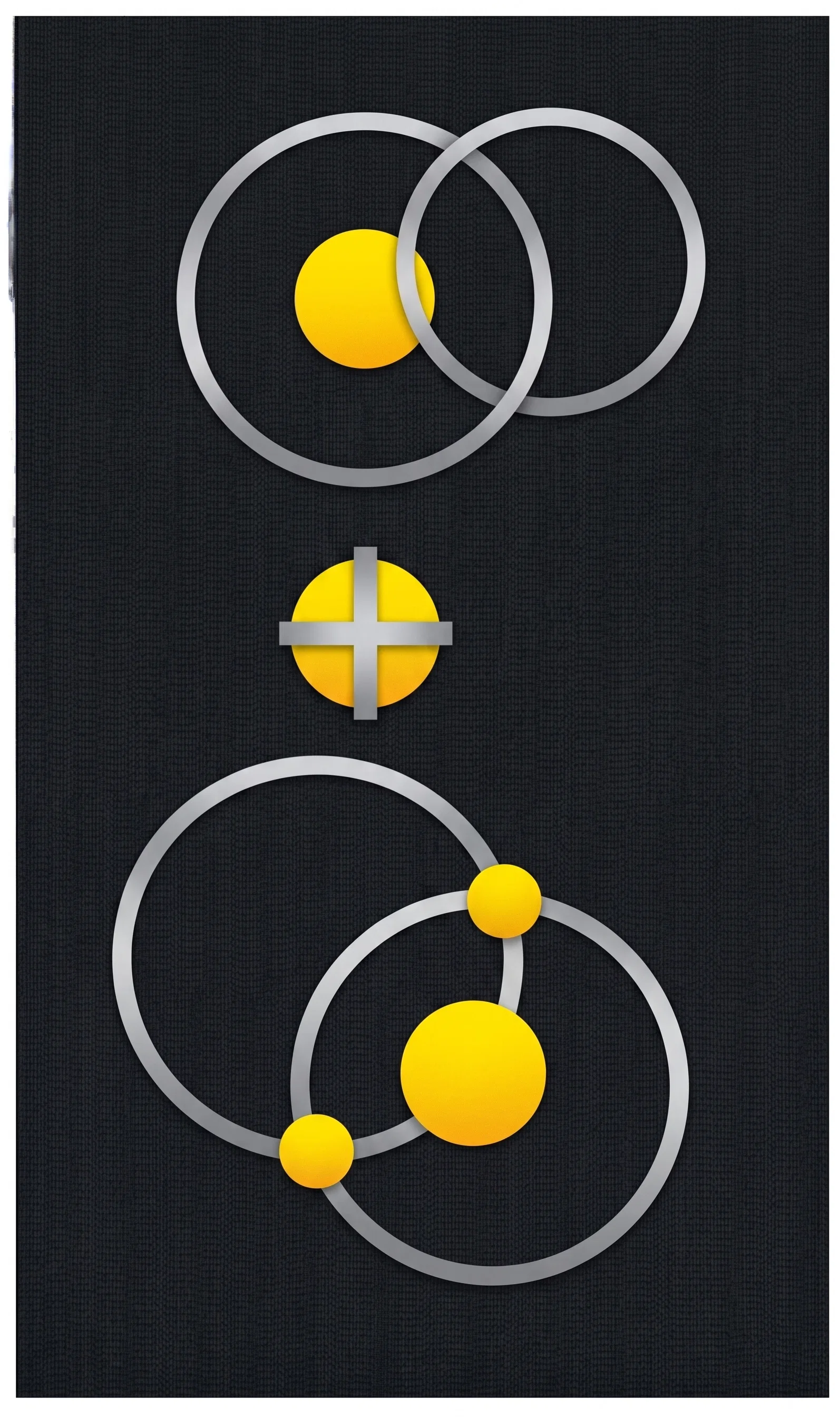 A vertically arranged diagram on a dark background shows two abstract, interlocking ring-like forms in pale cream. At the top, two large overlapping circles enclose a yellow disk positioned toward the left circle’s center and partly intersecting the overlap. Between the upper and lower designs is a separate yellow circle divided by a cream horizontal and vertical cross. Below, a second interwoven arrangement of two large overlapping cream circles contains several yellow disks: a large central disk, a smaller disk at the upper junction, and another at the lower-left junction, with cream connecting bands visible through the shapes. No text or lettering appears.