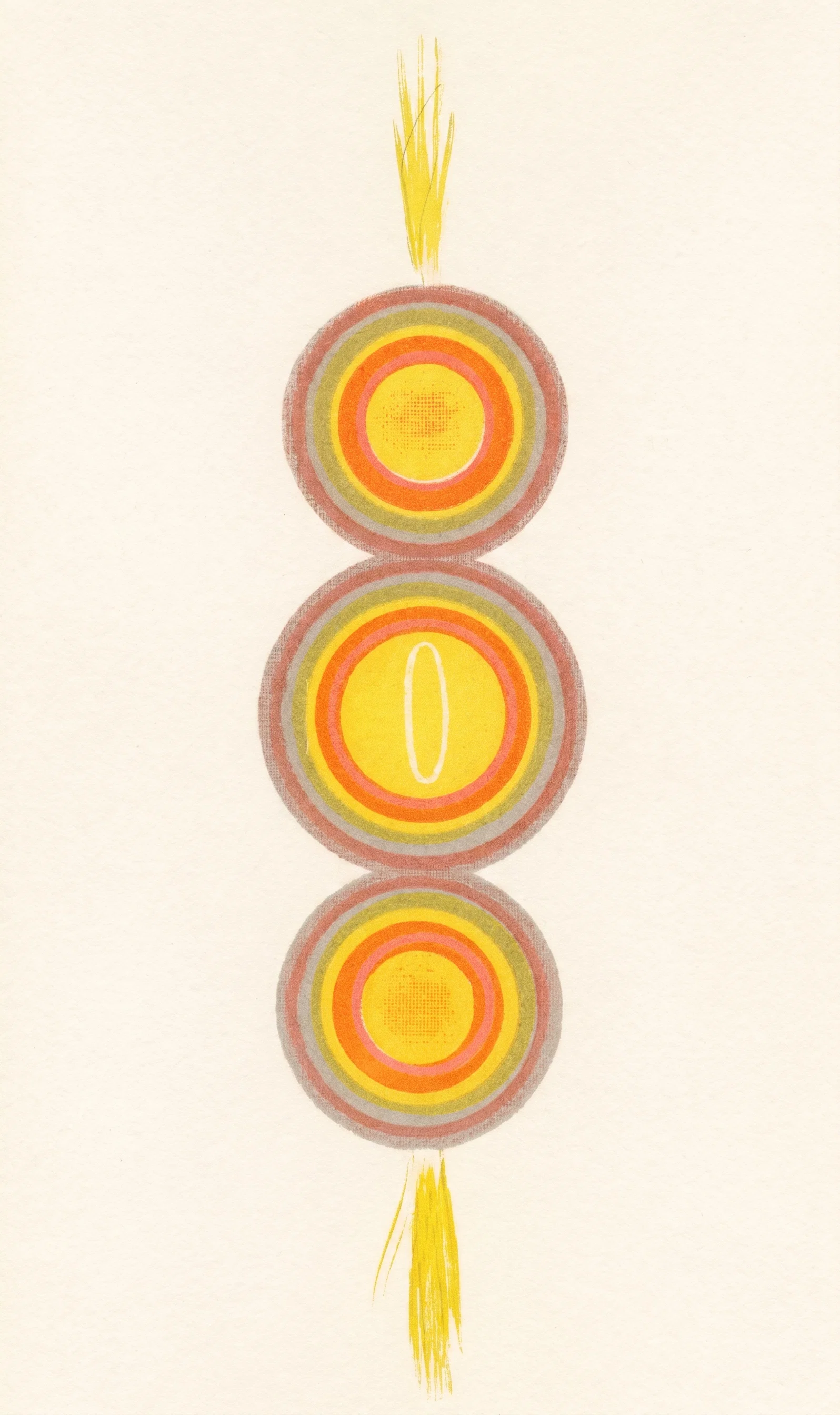 A vertically arranged abstract diagram features three large circular forms stacked along a central axis. Each circle is built from multiple concentric rings in muted red, orange, yellow, green, and gray, with the top and bottom circles containing stippled central disks. The middle circle has a bright yellow center marked by a narrow white vertical oval. Yellow, brushlike flame or beam shapes extend upward from the top circle and downward from the bottom, while fine vertical lines fill the pale background.