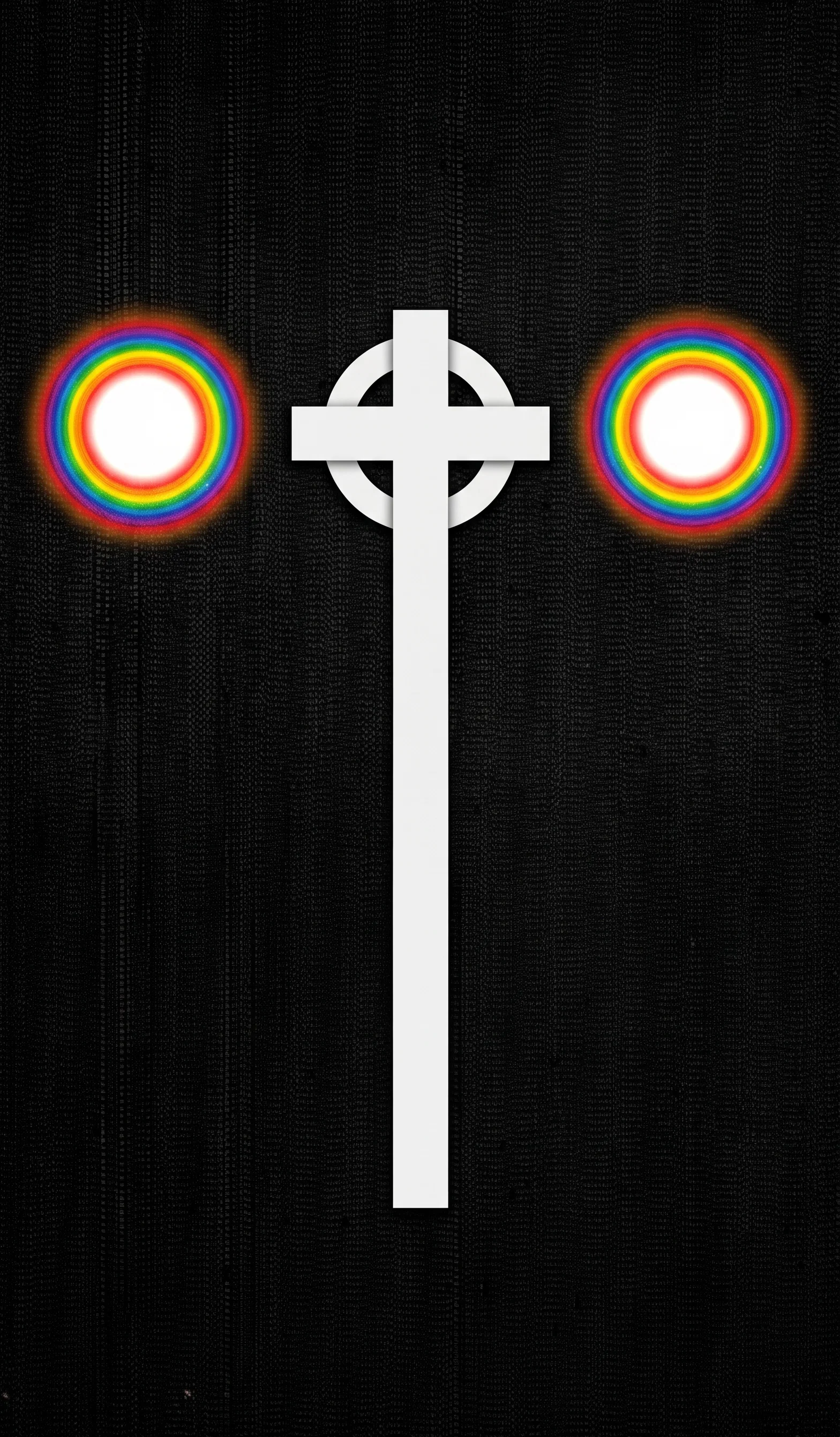 A symmetrical diagram on a dark, finely textured background shows a long pale vertical shaft rising from the lower center to a broad cross-shaped head. Behind the head is a light circular disk, partially visible above and below the horizontal bar. On either side are matching circular, target-like forms composed of numerous concentric colored rings—red, orange, yellow, green, and dark bands—surrounding pale central circles with stippled black outlines. A small pale protrusion extends from the outer right edge of the right-hand circle; no lettering or labels are visible.