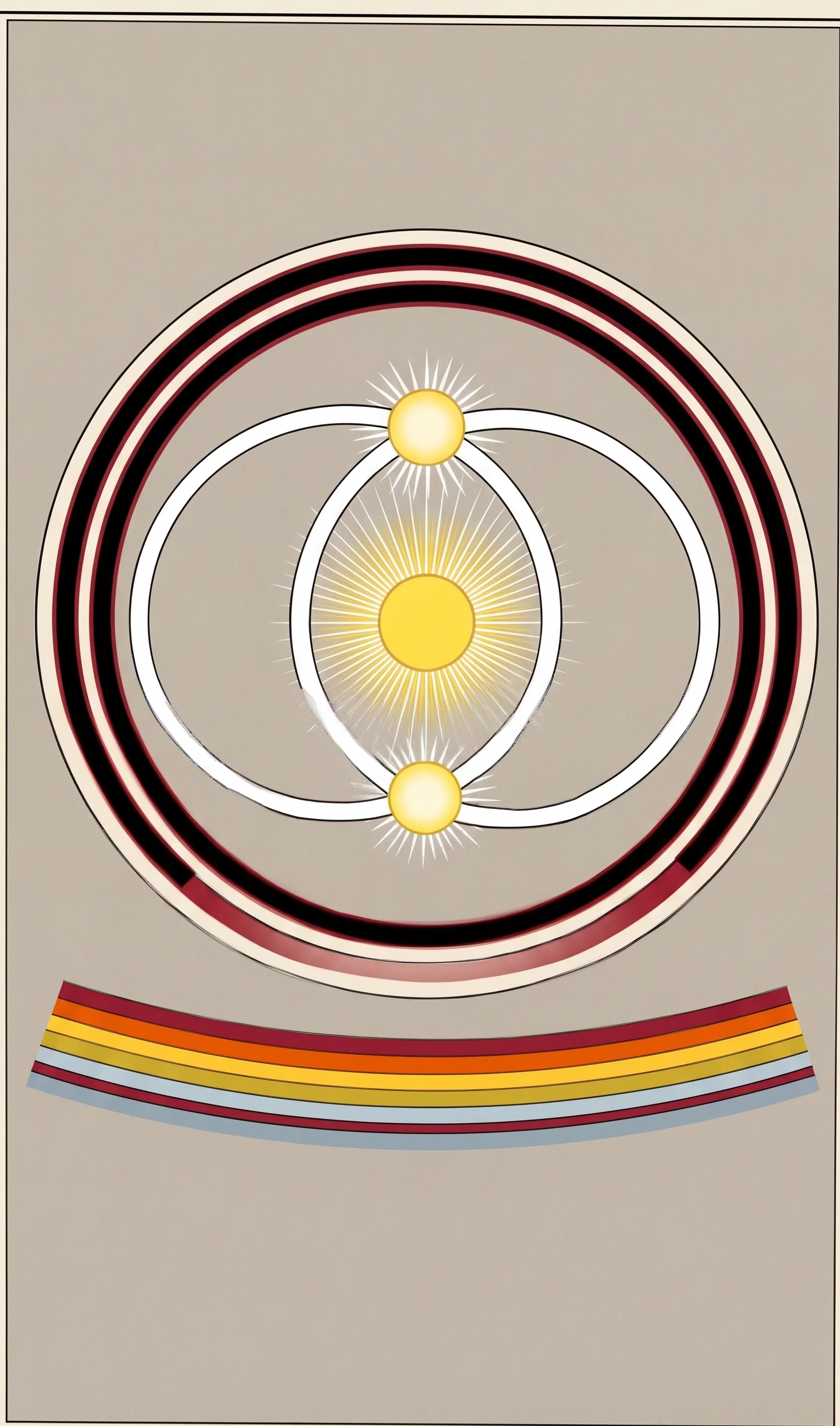 A symmetrical, diagrammatic composition shows a large yellow disk with a heavy black ring at the center, surrounded by pale elliptical orbital bands. Two smaller yellow, radiating disks sit above and below the central body along the vertical axis, while broad black, cream, and reddish concentric arcs form an enclosing outer ring with a gap at the lower right. Beneath the circular diagram is a separate curved horizontal section made of multiple colored strata—red, orange, yellow, gray, and brown—outlined by several thin black lines, suggesting layered material or a cross-section.