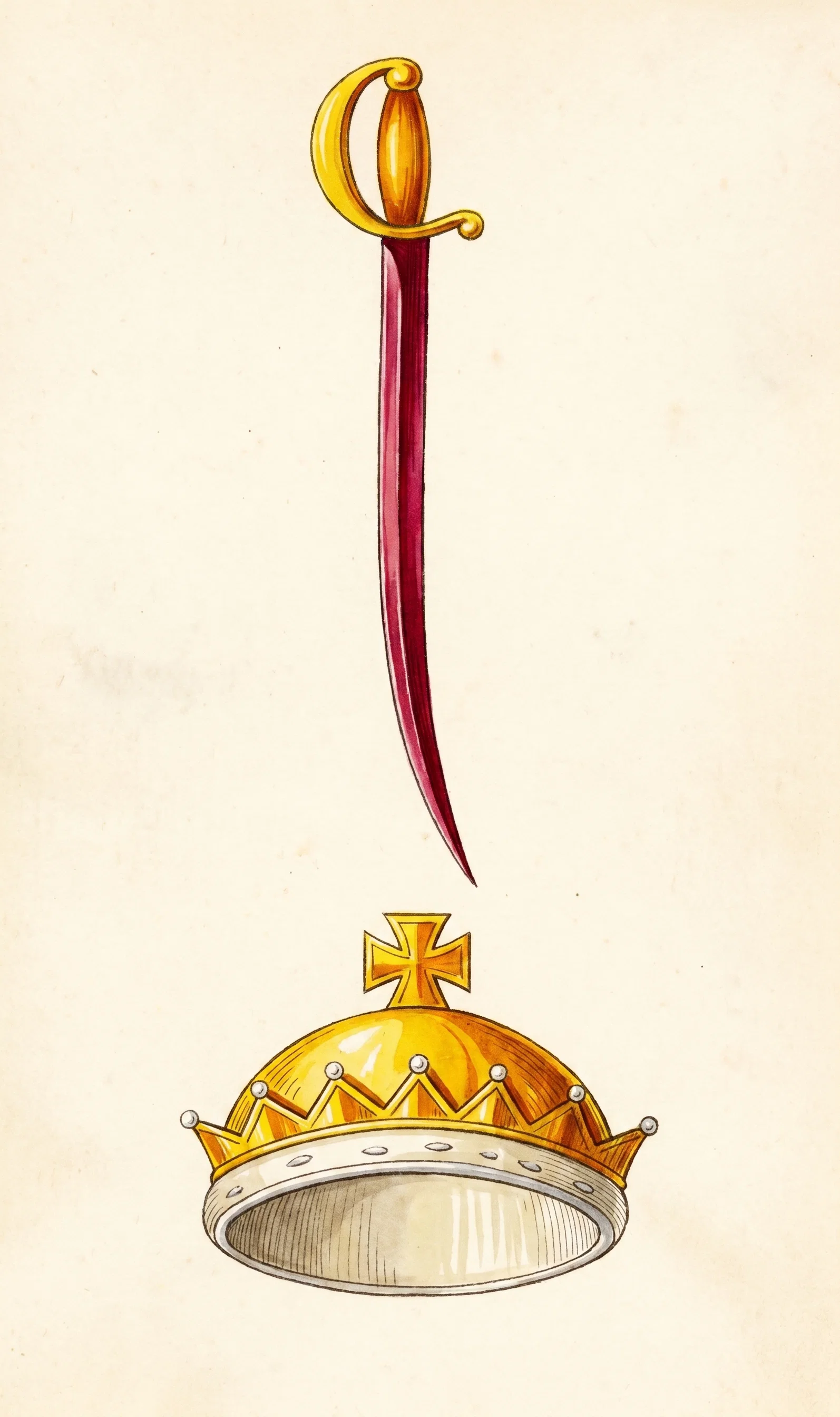 A heraldic composition shows a long, narrow red sword or sabre standing vertically, its pointed blade descending toward a golden crown. The weapon has a large curved golden guard and a small rounded pommel at the top. Between the blade and crown floats a gold cross resembling a Maltese cross. Below it is a broad golden royal crown with several pointed, jewel-like projections and pale decorative edging, viewed from above so that its shallow oval interior is visible. The objects are centered against a plain light background with a thin rectangular border and no lettering.