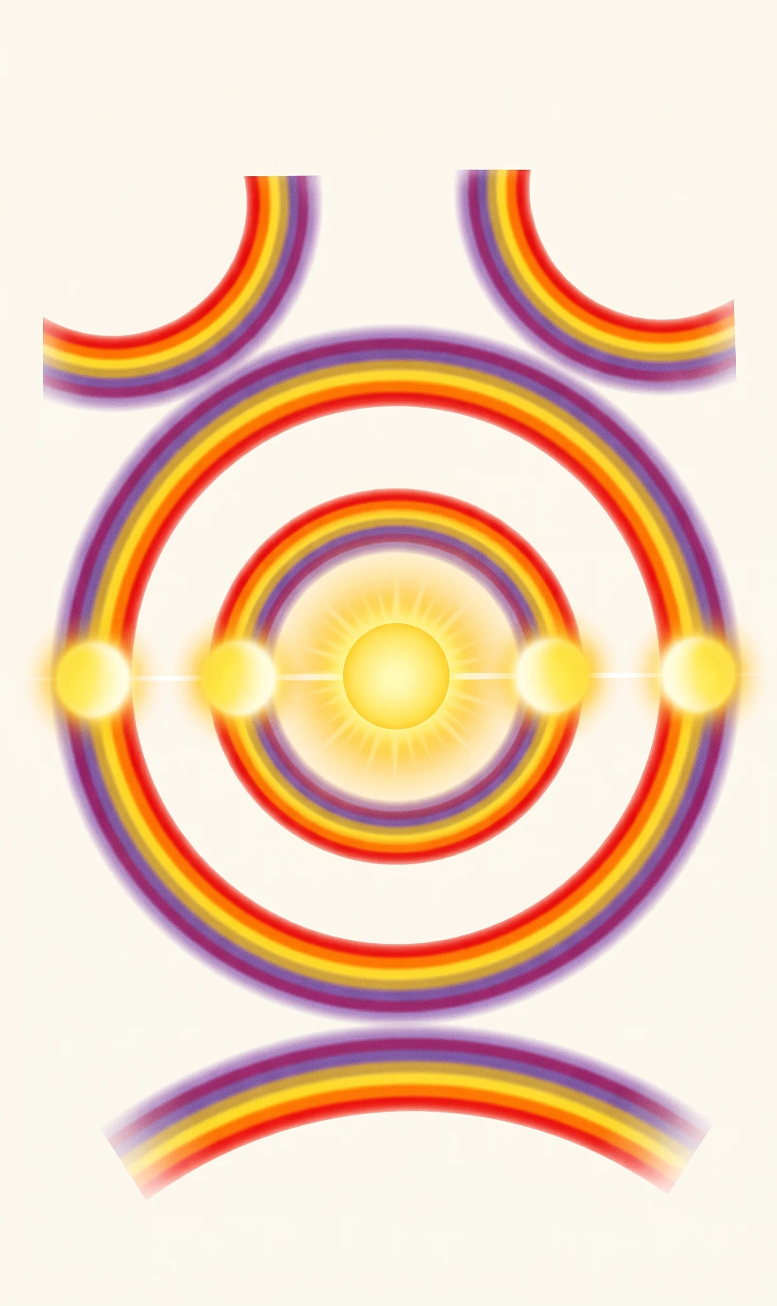 A symmetrical abstract diagram composed of multicolored concentric arcs and curved bands on a pale background. The central area contains a yellow circular disk surrounded by several nested rings in red, orange, yellow, gray, and muted green. A larger surrounding circular band is interrupted or overlaid by four yellow disks positioned at left, right, and near the upper and lower sides of the central arrangement. Additional rainbow-like arc segments appear above and below the main circular design, including two upward-curving forms at the top and a broad downward-curving band at the bottom. No text or lettering is visible.