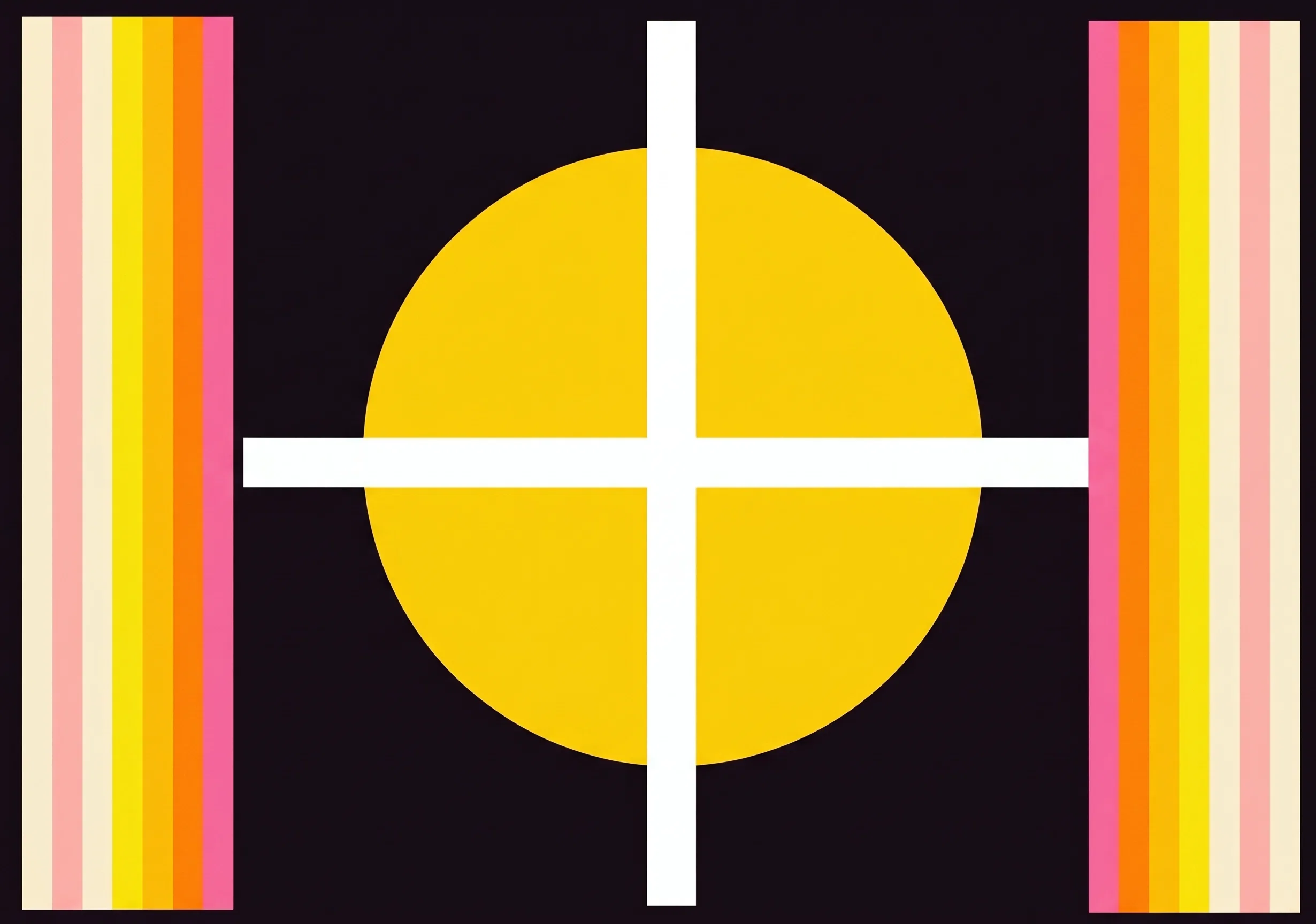 A symmetrical abstract diagram is set against a dark, stippled background. In the center is a large yellow circular disk divided into four quadrants by thick white vertical and horizontal bars, with dense black halftone shading forming irregular patterns inside the yellow areas. The central vertical bar extends above and below the circle, while the horizontal bar extends to both sides. These side extensions connect to two tall rectangular panels, one on the left and one on the right, each filled with vertical bands of pale gray, pink, orange, and yellow.