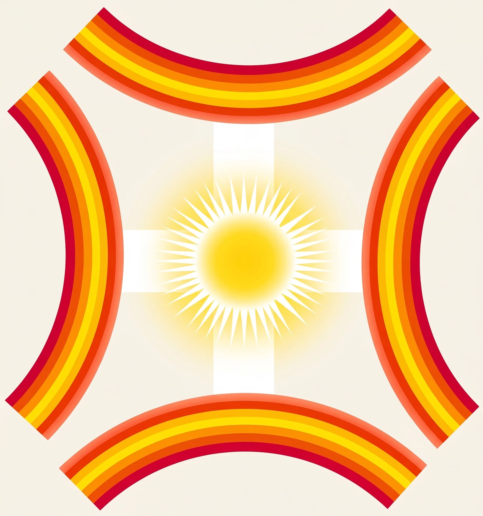 A symmetrical abstract diagram centers on a bright yellow circular disk, lightly outlined and surrounded by faint radiating lines. Four separate, broad curved bands frame it from the top, bottom, left, and right, creating an open, rounded-square arrangement. Each band consists of layered stripes in red, orange, and yellow, with paler reddish edging. The central area is otherwise pale and largely empty, with faint geometric or sketch-like marks extending around the disk.