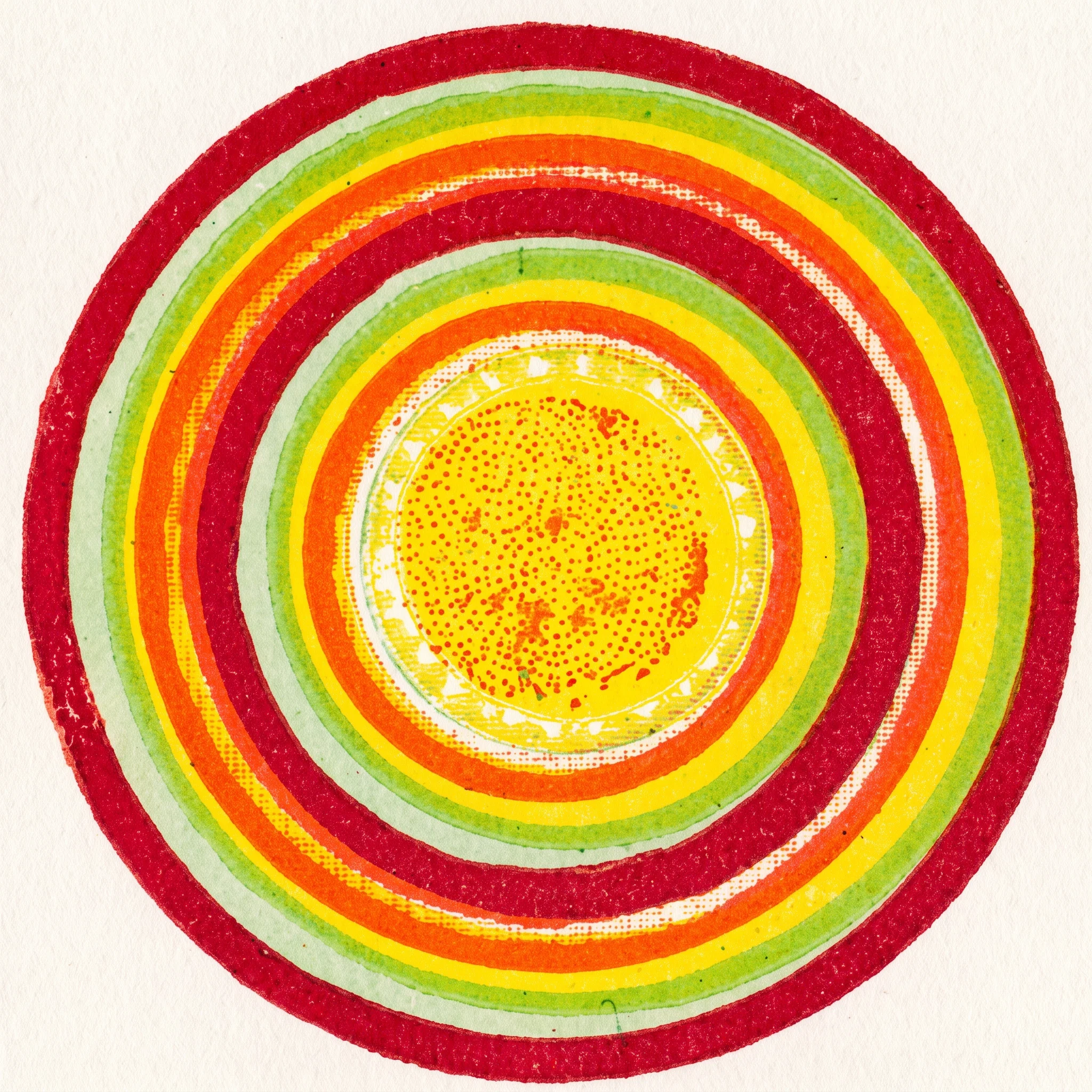 A circular, target-like diagram composed of numerous broad concentric rings in alternating red, orange, yellow, olive, and pale gray tones. The rings surround a central yellow disk filled with dense small reddish-orange speckles and a few irregular darker marks. The bands vary slightly in width and texture, with thin lighter outlines and uneven hand-colored edges, creating a layered radiating pattern. No people, animals, objects, lettering, or other text are visible within the design.