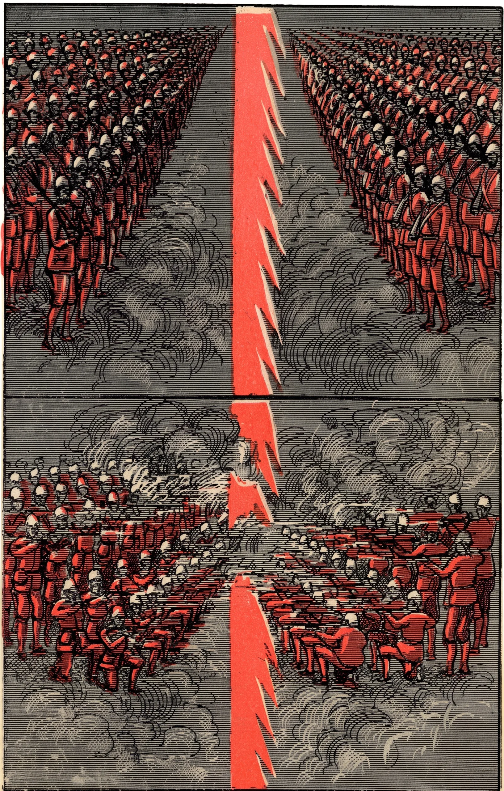A four-part historical battle scene shows large formations of uniformed soldiers advancing in dense ranks along both sides of a broad central corridor. In the upper panels, troops carrying rifles and bayonets march toward one another, their movement suggested by dust clouds beneath their feet. The lower panels depict the opposing forces meeting in combat amid heavy smoke, scattered fallen soldiers, and chaotic masses of infantry. A bold red, jagged vertical band divides the opposing sides and continues through the center of the composition.