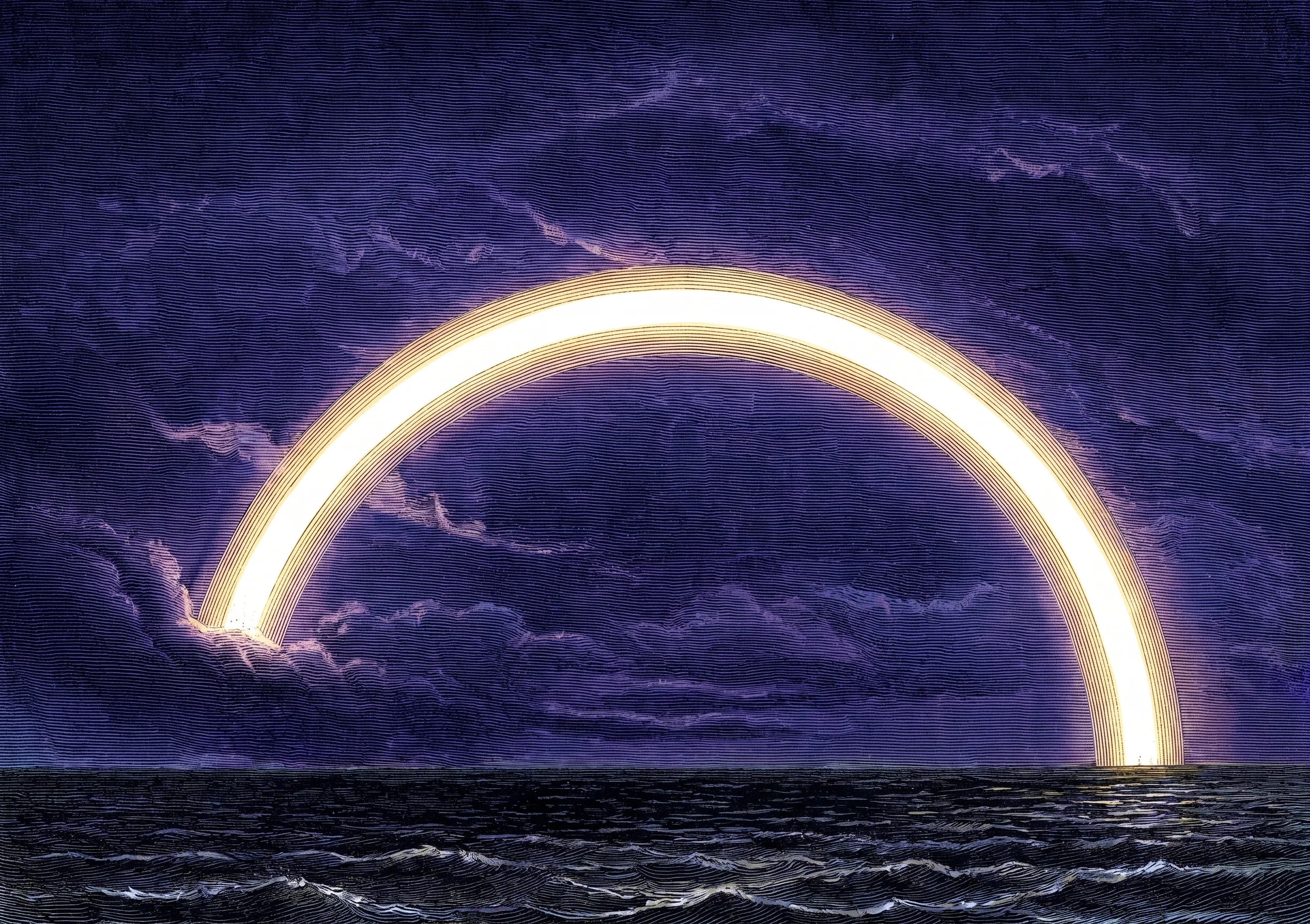 A dramatic night-sky phenomenon is shown as a broad, pale, arching band stretching from one side of the scene to the other, resembling a great curved serpent or luminous arc. The arc rises high at the center and descends toward both ends, with a darker inner semicircular area beneath it. Behind and around the shape are heavily stippled, irregular masses suggesting clouds or smoky vapors, while a thin horizontal line along the bottom suggests the distant horizon or river surface. No people, animals, or lettering appear within the image.