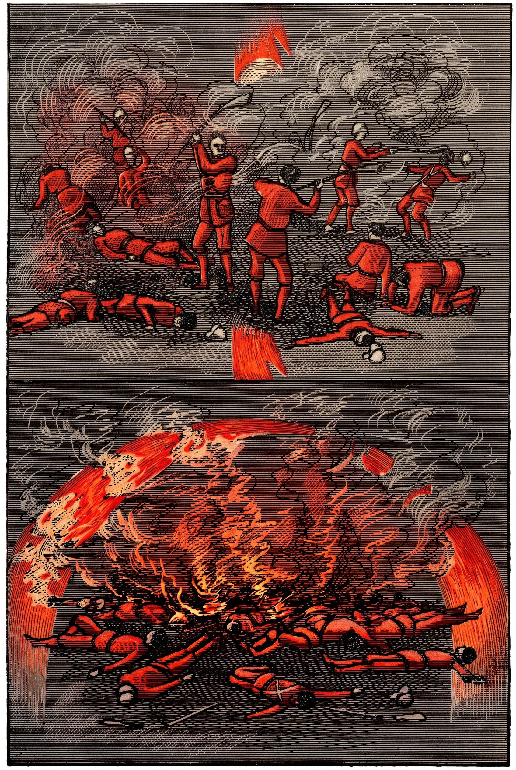 A two-panel historical battle scene shows a large group of uniformed soldiers amid smoke and chaos. In the upper panel, several figures fire rifles or aim weapons while others crouch, run, or lie wounded and motionless across rough ground; dense billowing clouds fill the background, with a red triangular banner or signal above them. The lower panel depicts the aftermath, with numerous bodies sprawled across the darkened battlefield beneath an enormous mass of smoke and flames, including scattered rifles, limbs, and other equipment. No lettering is visible.