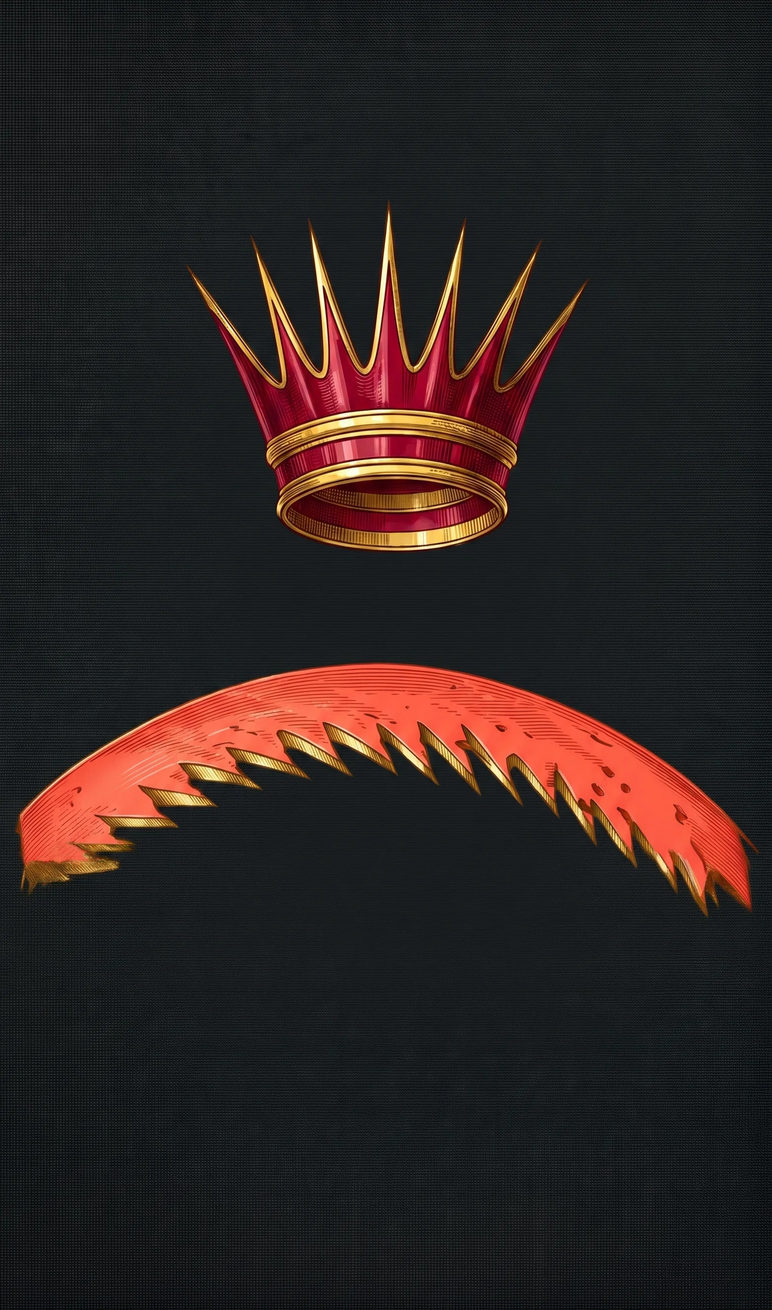A brightly colored red-and-yellow crown-like form floats near the upper center, with a rounded open base and numerous tall, narrow spikes radiating upward, each tipped in pale yellow. Beneath it is a broad, sweeping red crescent or arched structure extending across the image, its inner edge lined with many alternating pale yellow and dark pointed projections resembling teeth or serrations. The objects are isolated against a dark, nearly black background within a thin rectangular border, with no people, animals, labels, or other visible text.