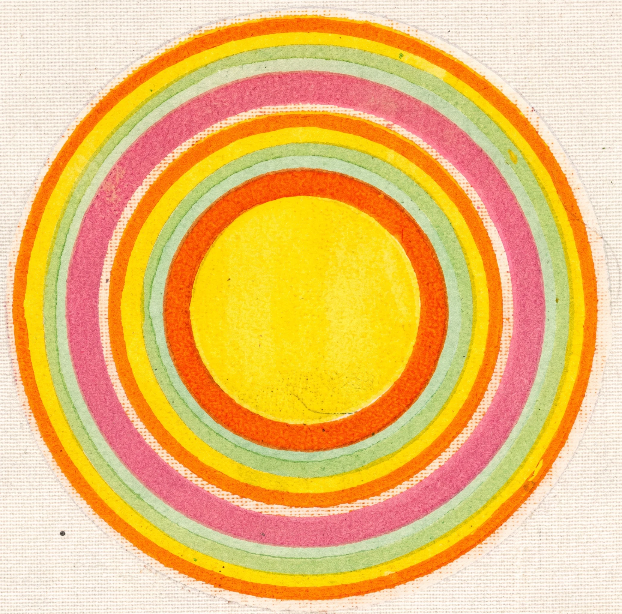 A circular diagram composed of multiple concentric colored rings. At the center is a broad mustard-yellow disk, surrounded by alternating narrow and wide bands of reddish pink, yellow, orange, and pale gray-green. The rings are evenly arranged around the central circle, creating a target-like or layered planetary appearance, with the outermost edge marked by a vivid orange-red rim. No people, animals, objects, labels, or lettering are visible within the figure.