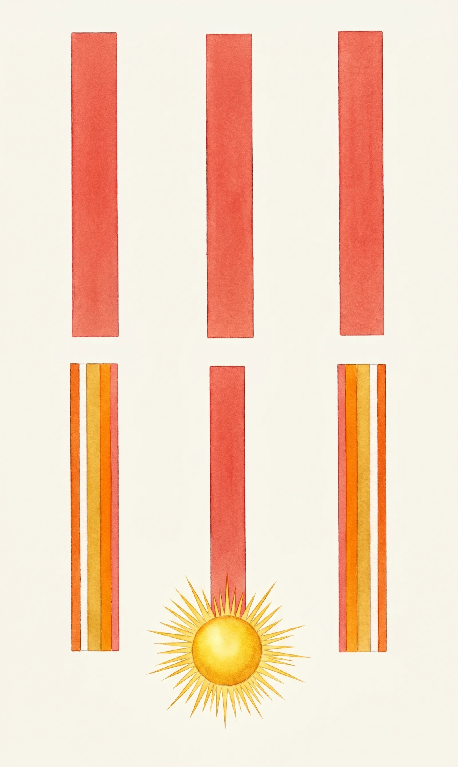 A symmetrical display of three tall red vertical bars occupies the upper half, while the lower half shows three hanging medal ribbons or bars. The two outer ribbons contain narrow vertical stripes in red, yellow, orange, and pale tones, while the central ribbon is solid red and descends to a round golden medal at the bottom. The medal is surrounded by radiating pale lines suggesting a gleam or sunburst and bears a small dark mark near its center. The objects are arranged against a plain cream-colored background within a thin rectangular border.