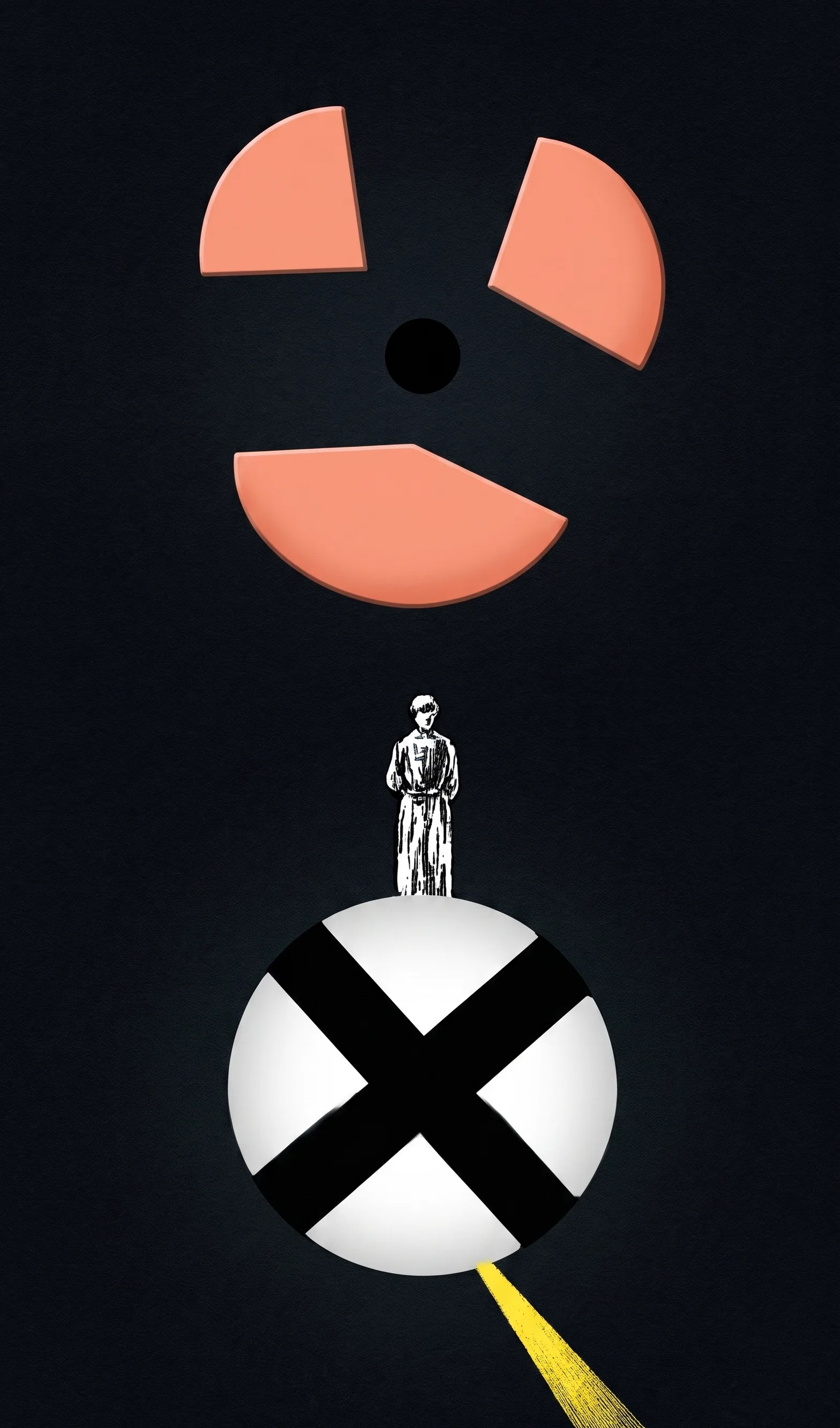 A dark rectangular diagram shows two opposing fan- or turbine-like arrangements aligned vertically. Near the top, three orange curved sectors are spaced around a small black circular center. Below them stands a small human figure, facing forward, between the two mechanisms. Beneath the figure is a four-part pale gray or cream rotor surrounding another black central hub; its lower section extends into two thin yellow-green rods or beams angled downward to the right. The image contains no visible labels or lettering.