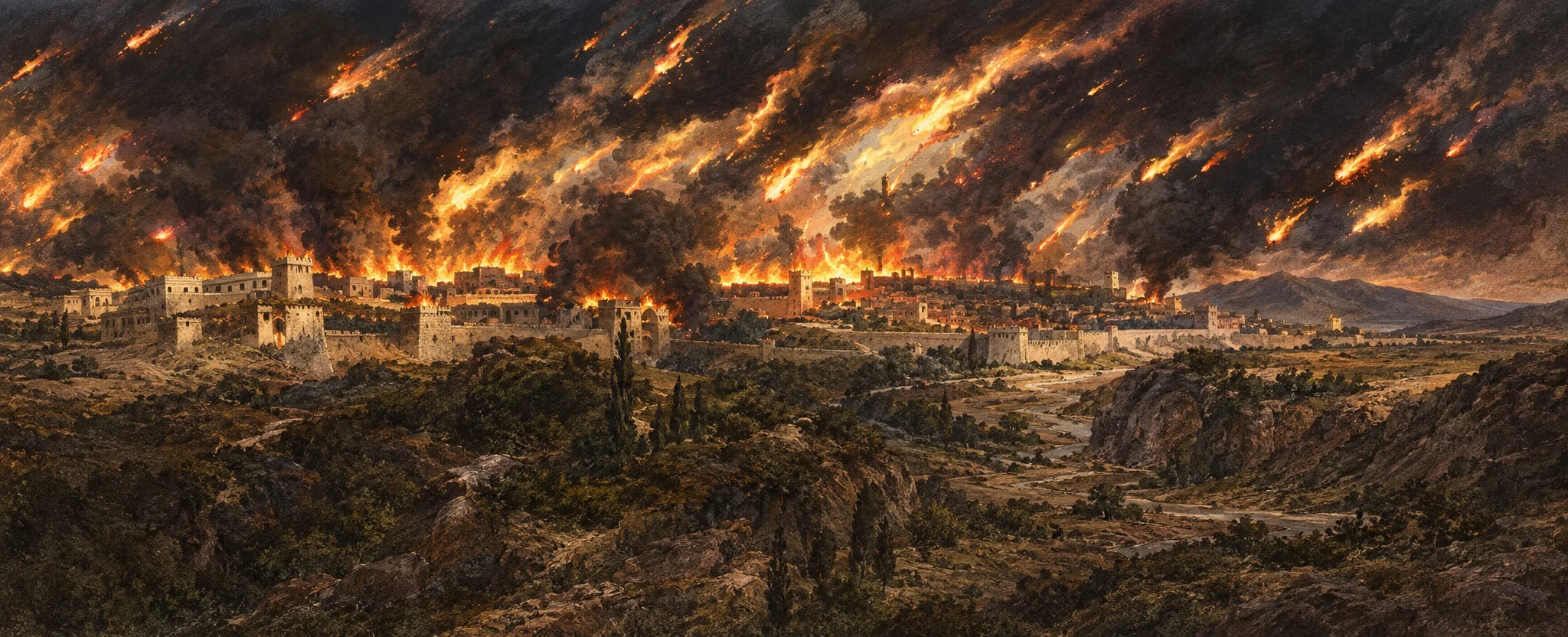 A broad, dark landscape shows the destruction of Sodom beneath a turbulent sky. Streaks of fire or burning debris appear to descend from the clouds across the scene, while smoke and flames engulf the settlement below. Low buildings and structures are visible along the middle distance, with indistinct figures and forms scattered in the foreground amid the devastation. The composition stretches horizontally, contrasting the luminous falling streaks against the nearly black sky and shadowed ground. No readable lettering is visible within the scene.