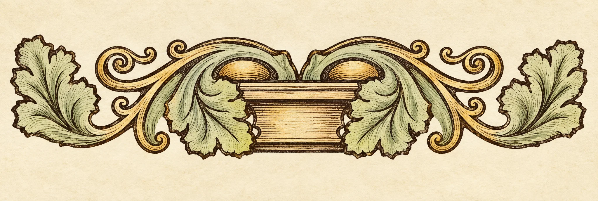 A symmetrical ornamental flourish in dark ink, centered around a squat, stepped rectangular form with a broad rounded top. Two rounded, eye-like shapes sit above it, framed by curling leaf forms that sweep outward into spirals. At both ends, large veined leaves curl upward and inward, while smaller tendrils and scrolls fill the space between them and the central motif. The design is purely decorative, with no people, animals, setting, or visible lettering.