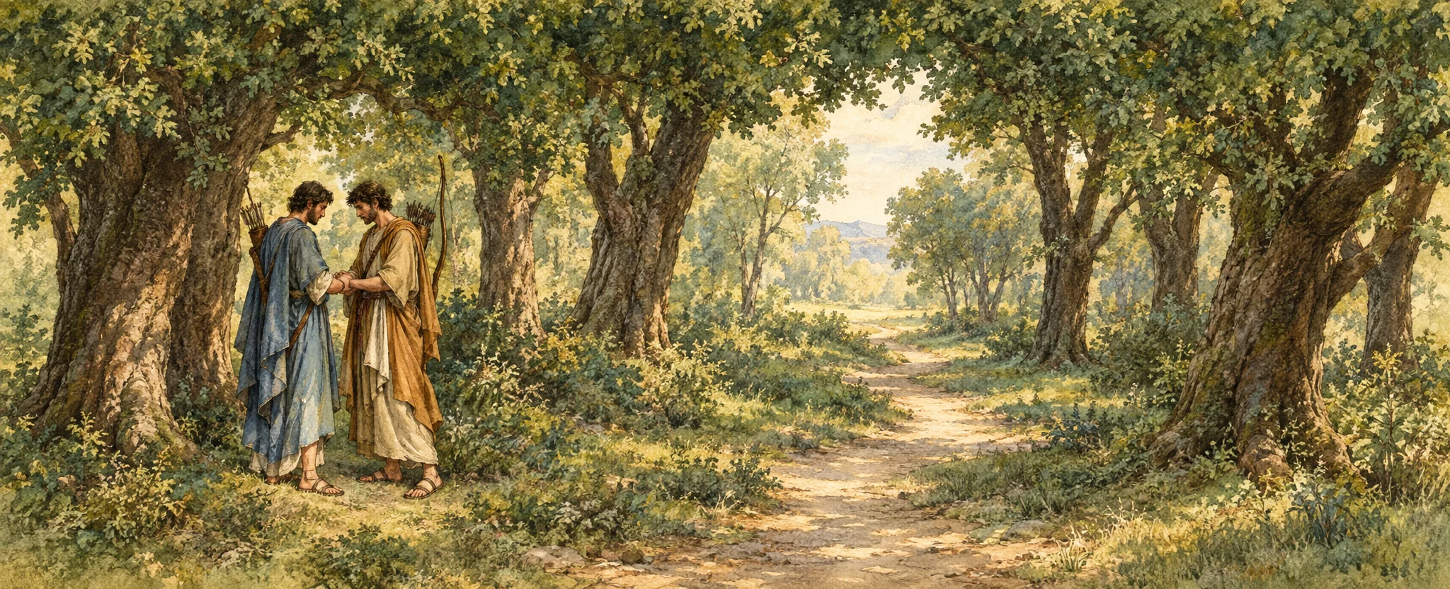 Two men stand together beneath a dense canopy of trees in a wooded clearing. The man at left wears a long, simple garment and faces his companion, who appears to be offering or showing him clothing and equipment; a long weapon or bow-like object is visible between them. Large tree trunks frame the foreground, while a winding path or stream runs from the clearing into the hazy distance at right. The figures are small within the broad landscape, and no lettering is visible.