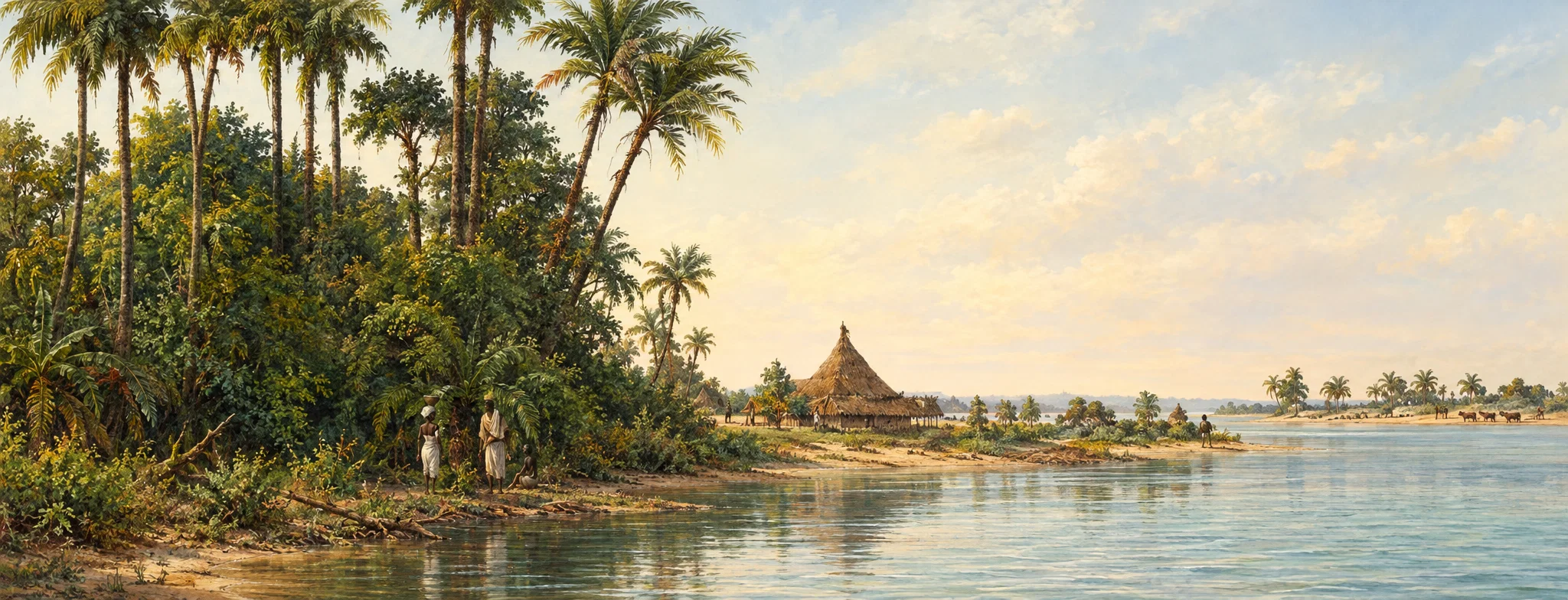 A broad, quiet landscape stretches from a densely wooded bank on the left to open, flat ground on the right. Tall palms and other trees rise above thick foliage, with two small human figures visible near the shaded edge of the bank. Across the middle distance are low, thatched-looking structures, including one with a prominent pointed roof, and scattered tiny silhouettes that appear to be people or animals. A pale expanse of water or wet ground fills the foreground beneath a wide, lightly clouded sky. No lettering is visible.