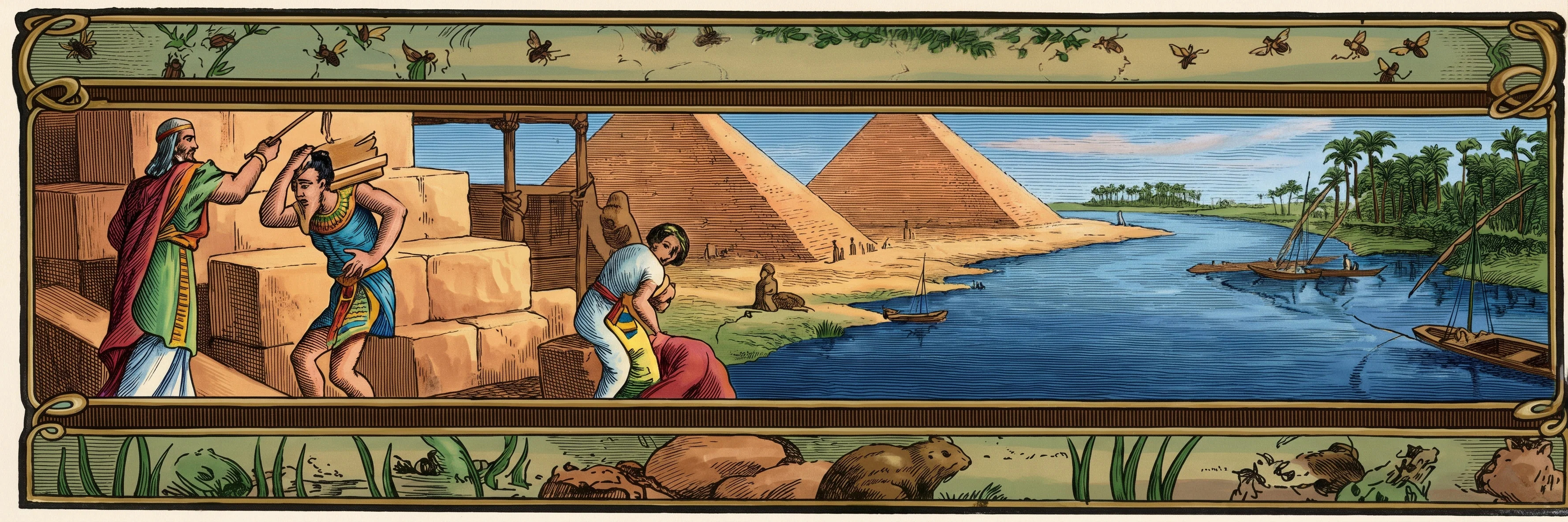 A narrow panoramic scene shows two robed men meeting at the left, one standing with an arm raised as if speaking or greeting the other, who bends toward him. They stand beside blocky structures and rugged, dark hills. The landscape opens across the center and right into a broad, pale stretch of ground or water, with a few distant trees and low forms along the far bank. A decorated border surrounds the scene, with small human and plant-like motifs along its lower strip; no lettering is visible.