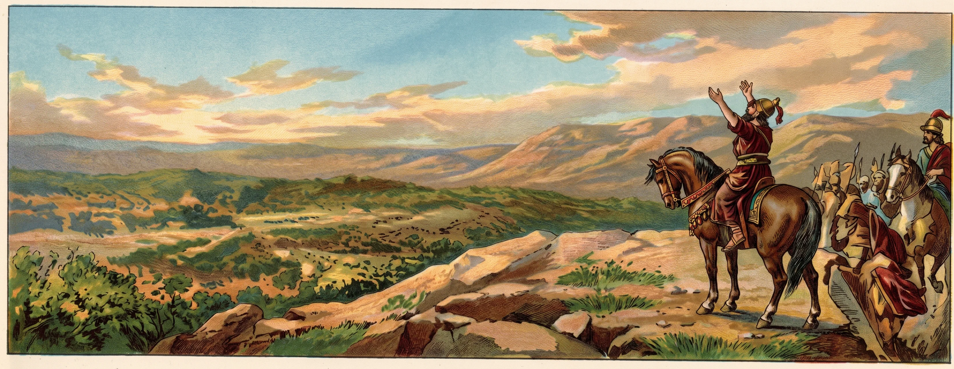 A small group of travelers gathers at the right side of a broad, open landscape. One prominent figure sits astride a horse and raises an arm, while several people and possibly additional horses or pack animals cluster behind and beside him. The uneven foreground appears rocky or lightly snow-covered, with low rolling hills stretching across the middle distance beneath a cloudy sky. The group is concentrated near the edge of the scene, leaving most of the view open to the landscape.