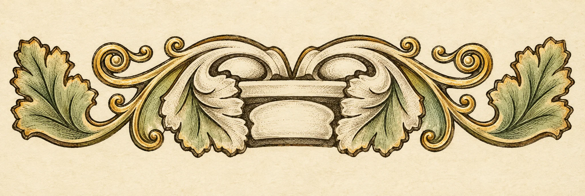A symmetrical ornamental flourish spans the image, formed from curling scrolls, leaf-like sprays, and a central mask-like motif. The outer ends rise into broad, jagged leaves, while smaller tendrils loop and coil inward on both sides. At the center, two rounded eye-shaped forms sit above a wide horizontal band and a shorter block-like shape, suggesting a stylized face or architectural ornament. The design is rendered in dark outlines with pale interiors, and contains no visible text.