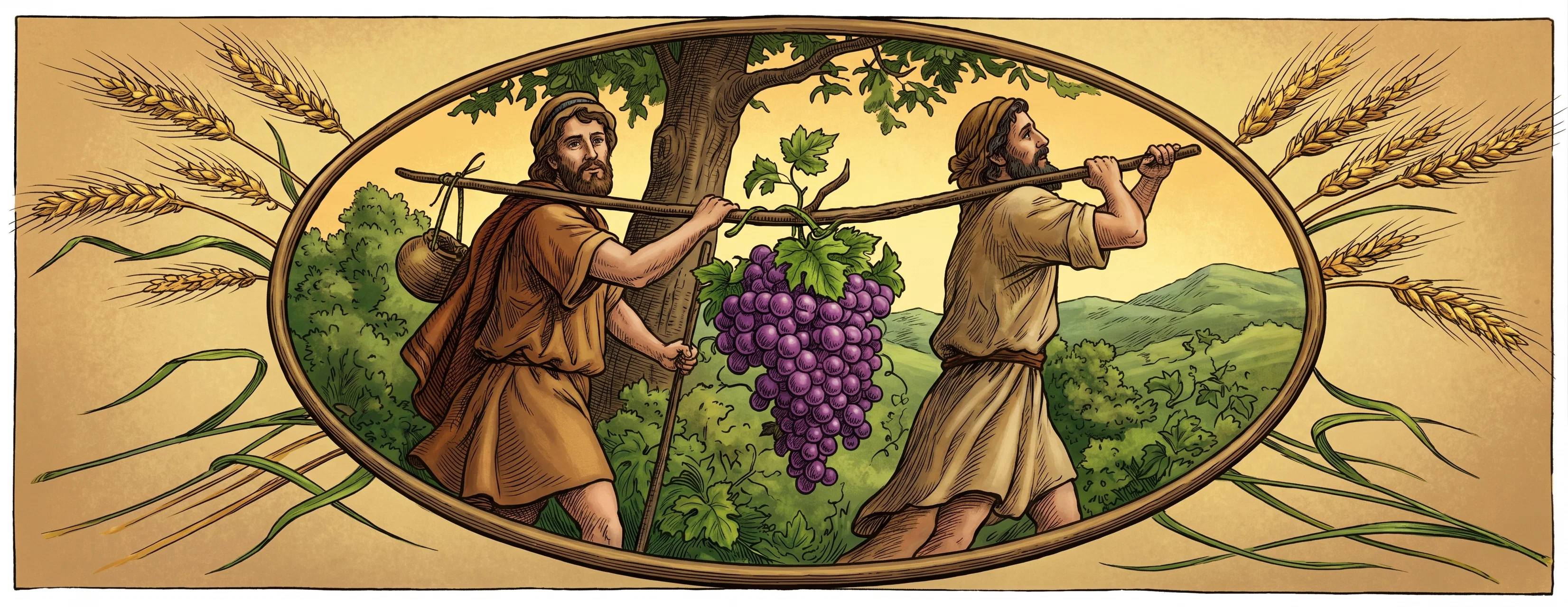 A horizontal oval frames a garden-like scene with two human figures standing on either side of a dense, leafy tree or vine. The figure at left has short hair and appears partly bare-chested, reaching toward the center; the figure at right wears a long, flowing garment and also extends an arm toward the branches. A long slender branch or stem crosses the scene between them, with clusters of leaves and fruit around it. Foliage and radiating, sketchy lines fill the space beyond the oval. No lettering is visible within the image.