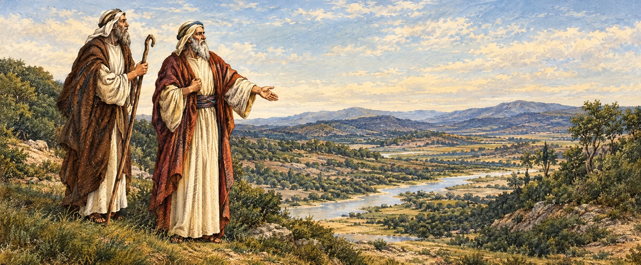 Two bearded men in long robes and head coverings stand at the left of a broad open landscape. The older-looking man in front extends one arm toward the distance, as if indicating a direction, while the man behind him holds a long staff upright and looks toward him. A winding pale track or shallow watercourse curves across the foreground into the plain, with low hills along the horizon and sparse trees and shrubs at the right. The composition places the figures prominently against the expansive countryside; no clear lettering is visible within the scene.