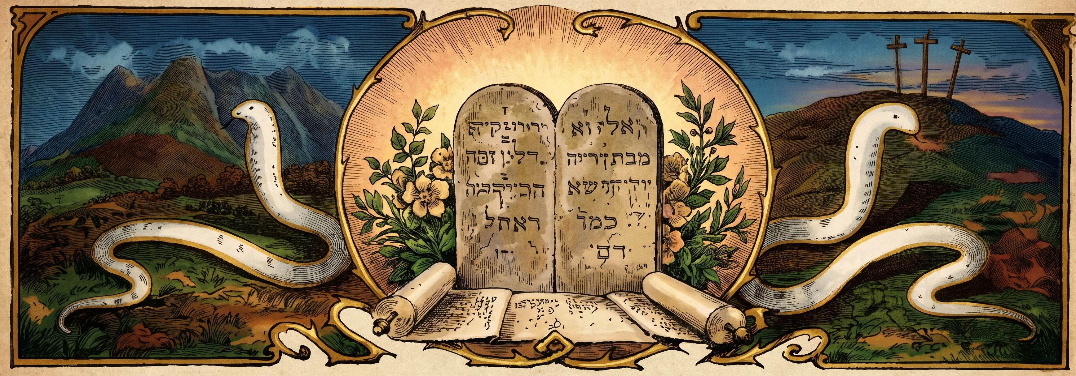 A pair of upright stone tablets with rounded tops stands at the center, their surfaces marked with faint, indistinct lines. They rise from a low, folded scroll or draped base, with small leafy sprigs beside them. Pale, winding bands extend from the tablets across a dark, clouded background, curling into loose loops on both sides. Three slender cross-shaped marks appear above the right-hand band. An ornate rectangular border with curled decorative corners encloses the symmetrical scene.