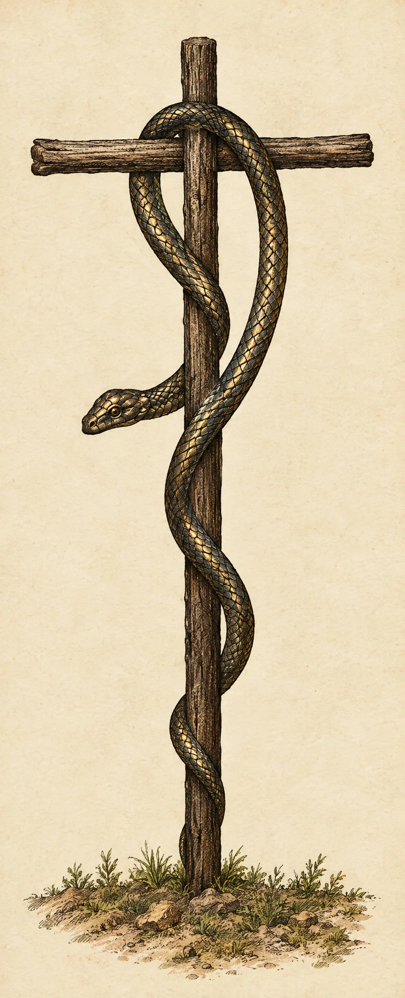 A simple dark line drawing shows a tall upright post set into a small patch of rough ground, with a short horizontal bar near its top forming a cross. A long serpent coils and twists around the post, looping over the crossbar and winding down its length; its body projects to the left midway down, while its head and tail are not clearly distinct. The cross and serpent stand alone against an otherwise blank background, with no people, animals, or lettering visible.